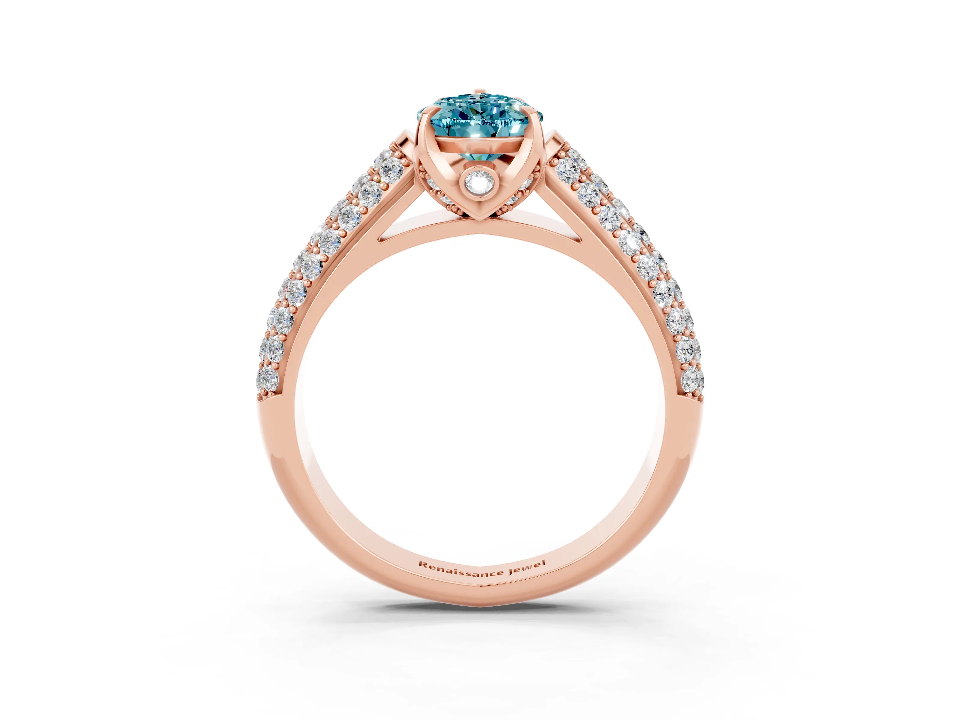 Rose gold Pear Cut Blue Topaz Solitaire Ring with Three-Row Pavé Band and Four-Prong Setting_15