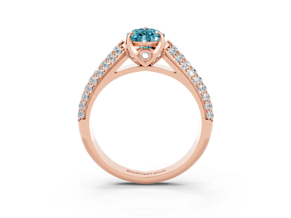 Rose gold Pear Cut Blue Topaz Solitaire Ring with Three-Row Pavé Band and Four-Prong Setting