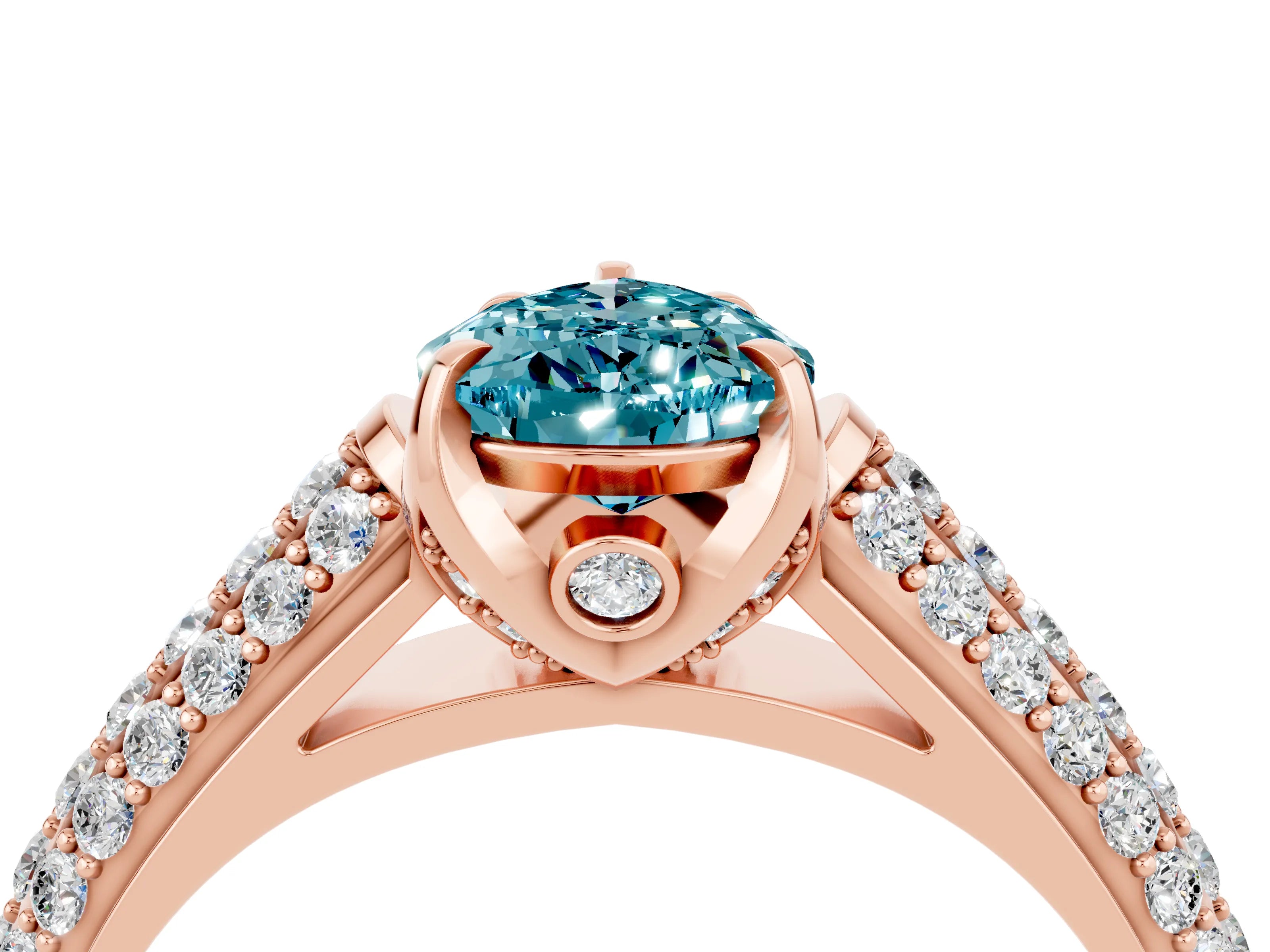 Rose gold Pear Cut Blue Topaz Solitaire Ring with Three-Row Pavé Band and Four-Prong Setting_16