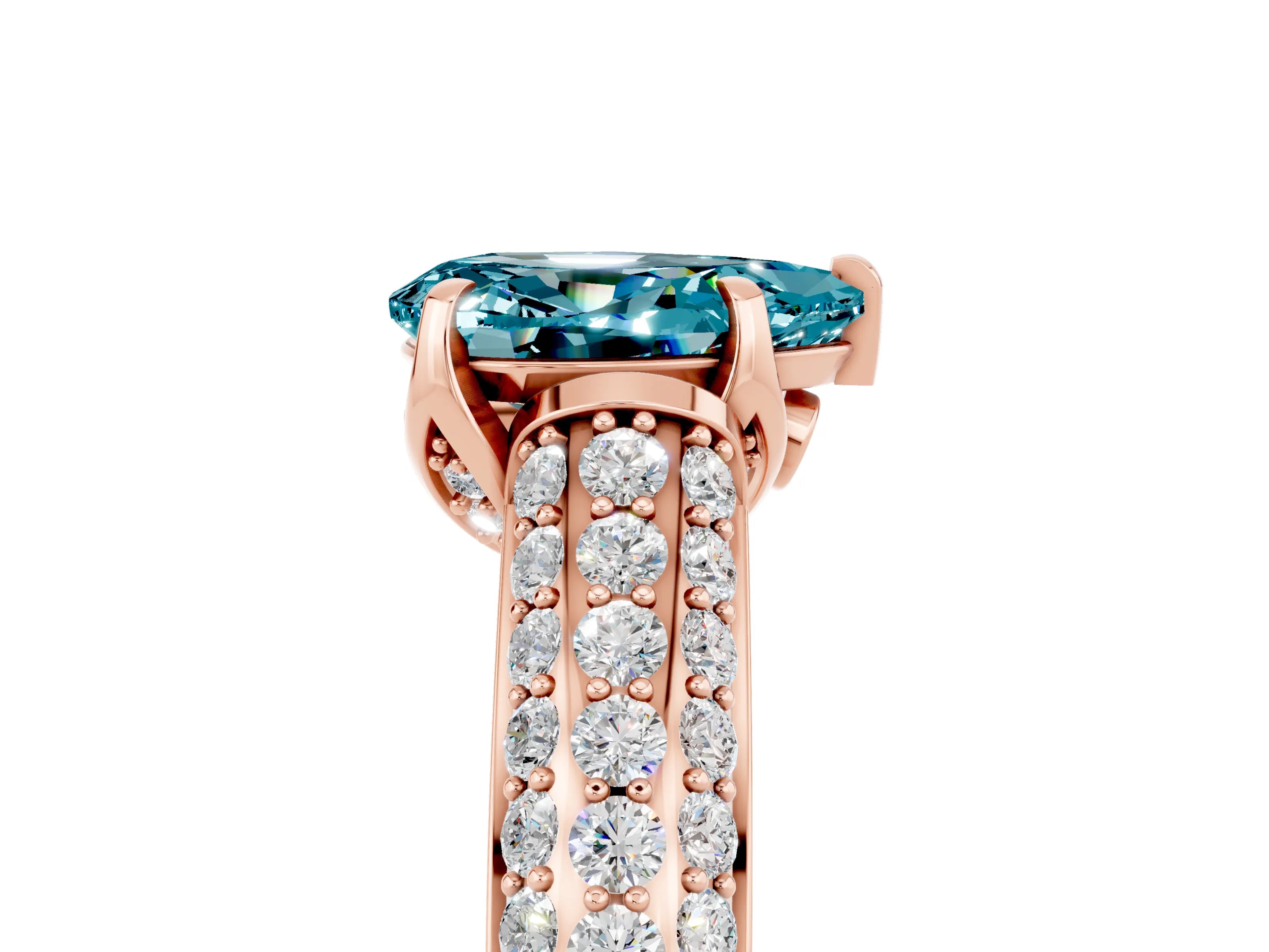 Rose gold Pear Cut Blue Topaz Solitaire Ring with Three-Row Pavé Band and Four-Prong Setting_17