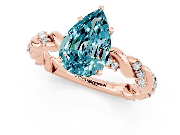 Rose gold Pear Cut Blue Topaz Solitaire Ring with Twisted Band and Pavé Accents