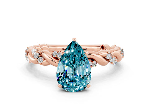 Rose gold Pear Cut Blue Topaz Solitaire Ring with Twisted Band and Pavé Accents