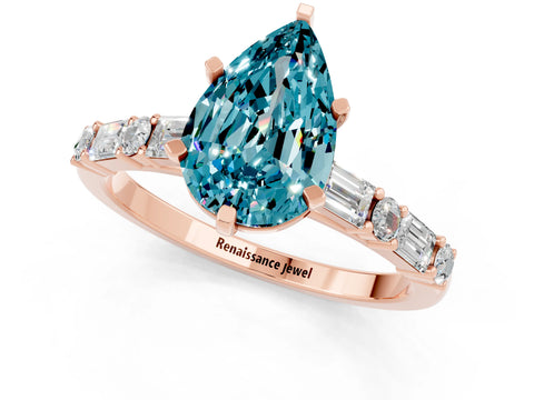 Rose gold Pear Cut Blue Topaz Solitaire with Side Baguettes and Channel Set Band_1