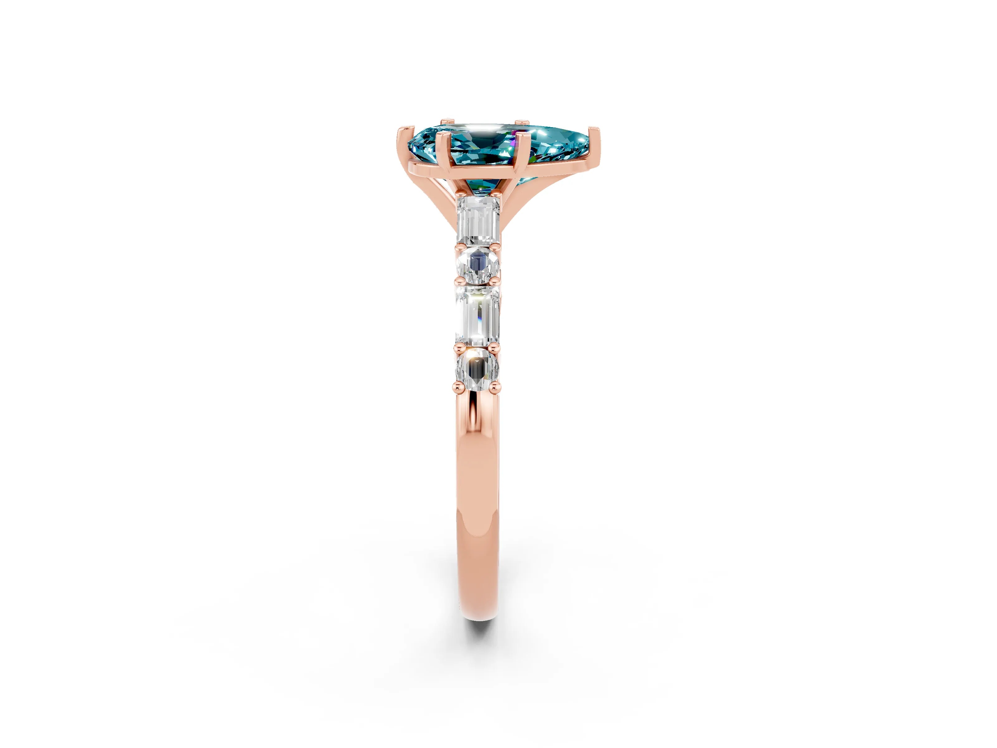 Rose gold Pear Cut Blue Topaz Solitaire with Side Baguettes and Channel Set Band_2