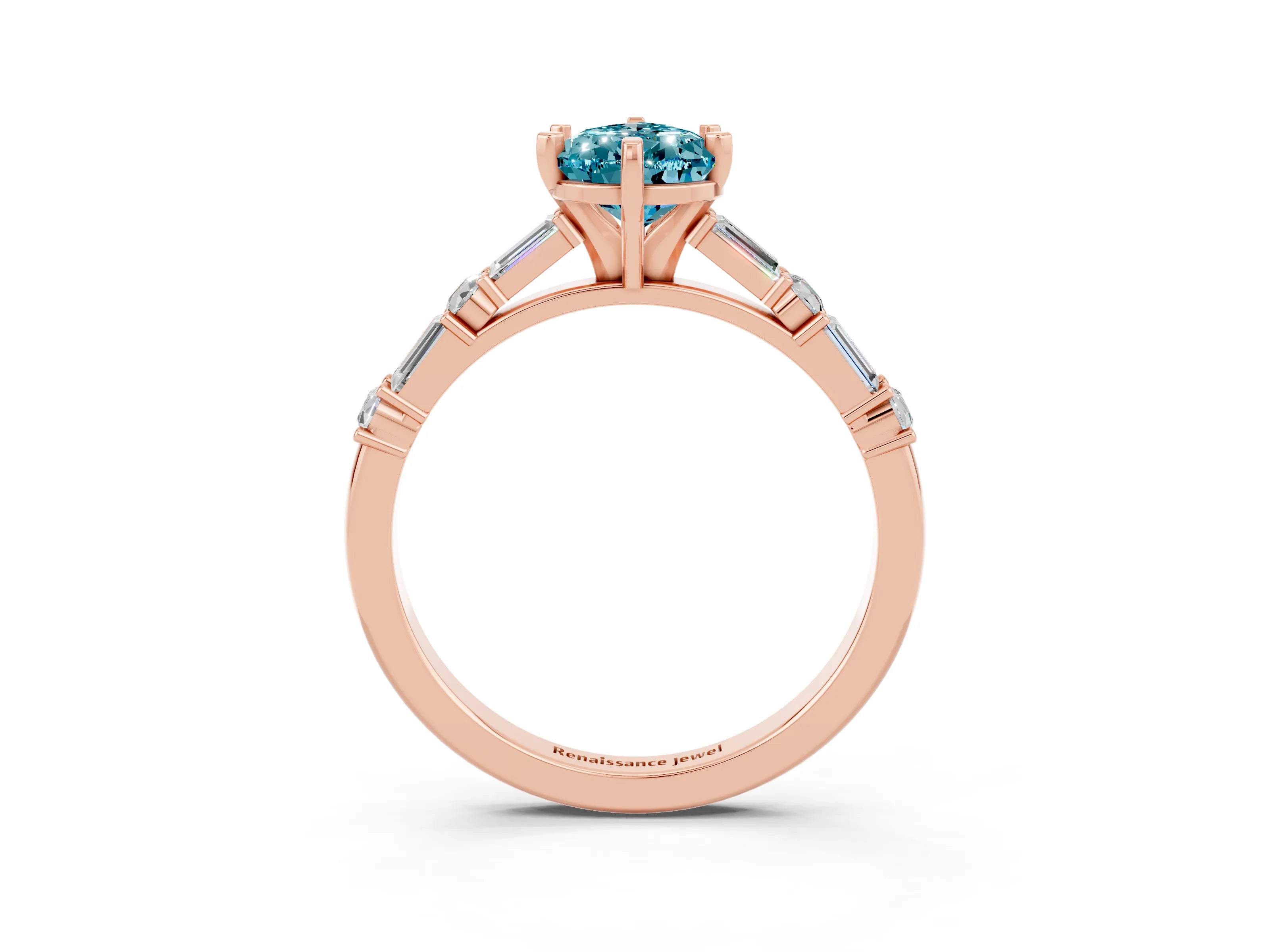Rose gold Pear Cut Blue Topaz Solitaire with Side Baguettes and Channel Set Band_3