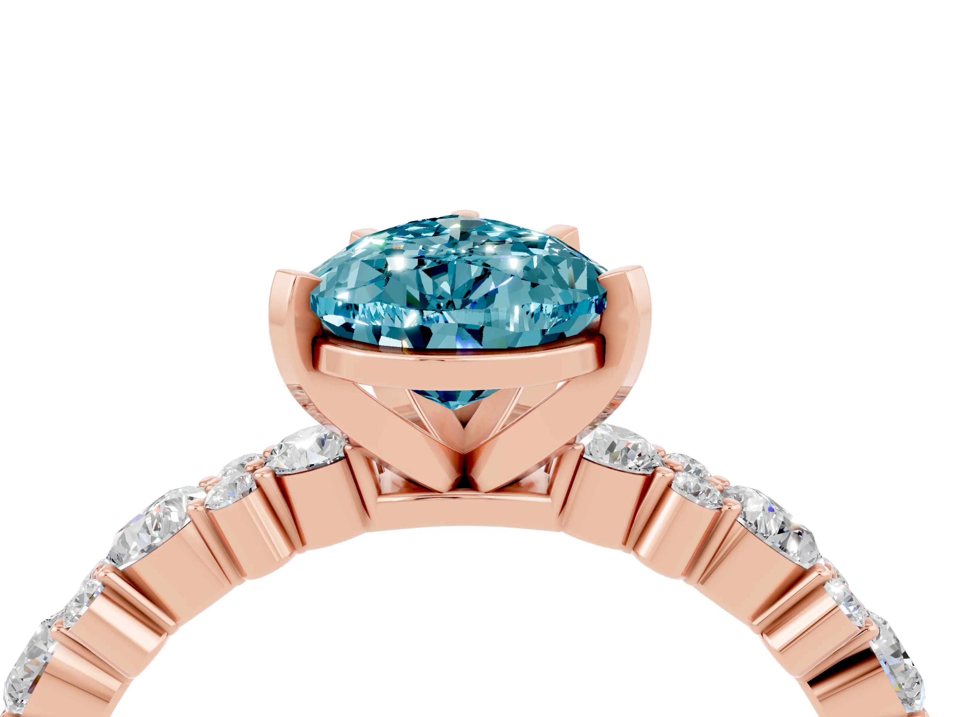 Rose gold Pear Cut Blue Topaz Solitaire with Side Stones, Pave Band, Four-Prong Setting_52
