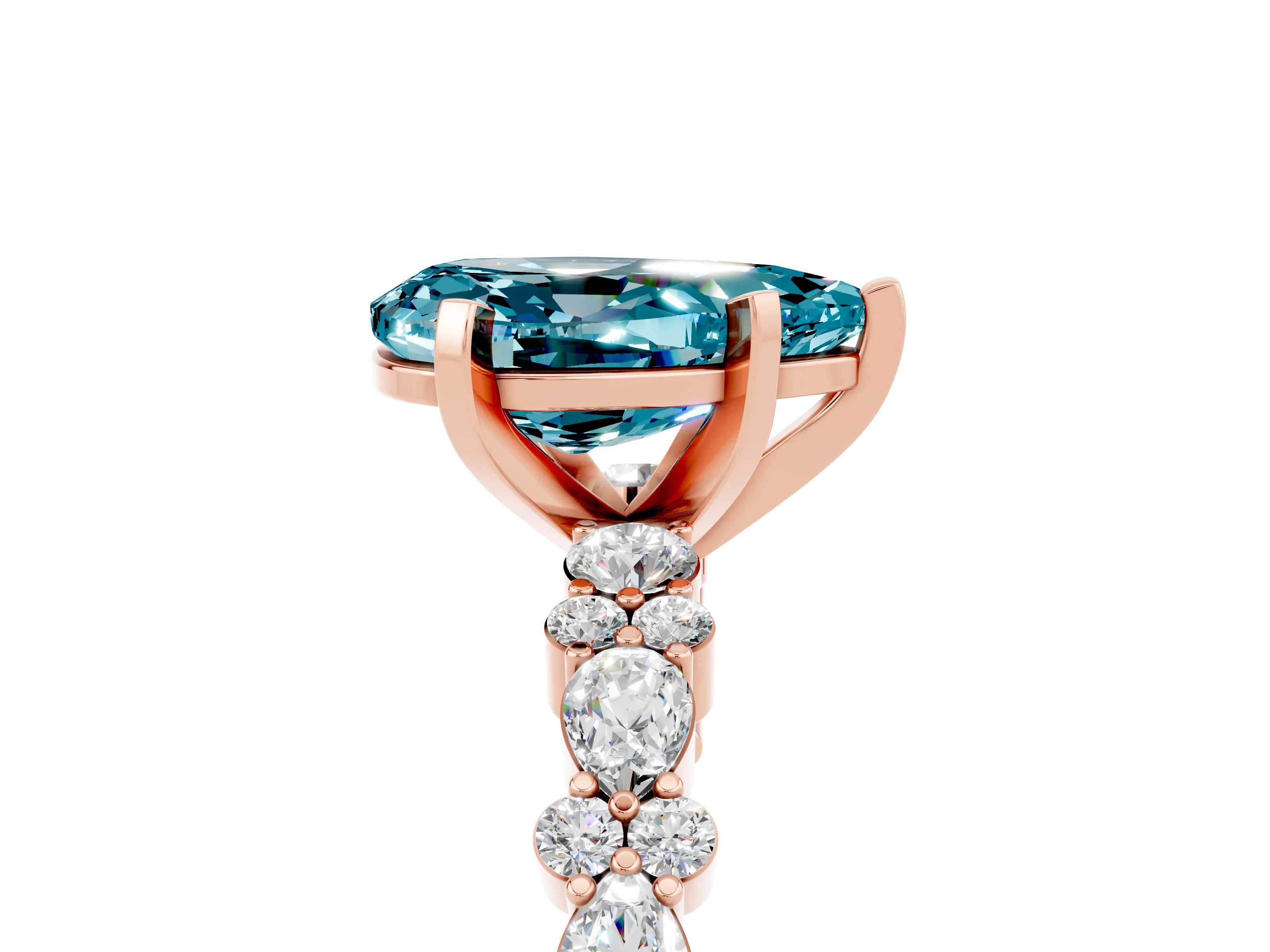 Rose gold Pear Cut Blue Topaz Solitaire with Side Stones, Pave Band, Four-Prong Setting_53