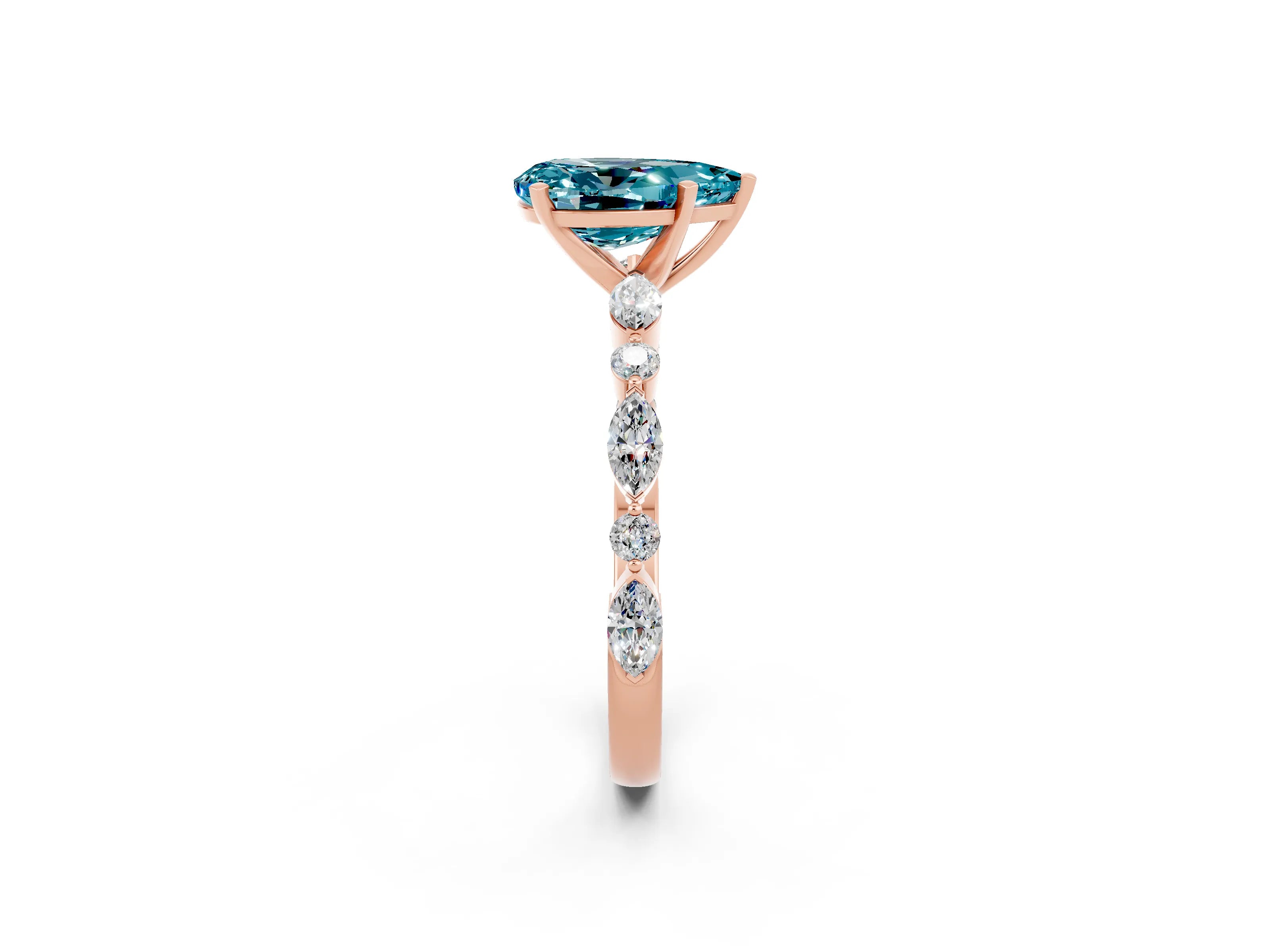 Rose gold Pear Cut Blue Topaz Solitaire with Side Stones on a Pavé Band and Four-Prong Setting_2