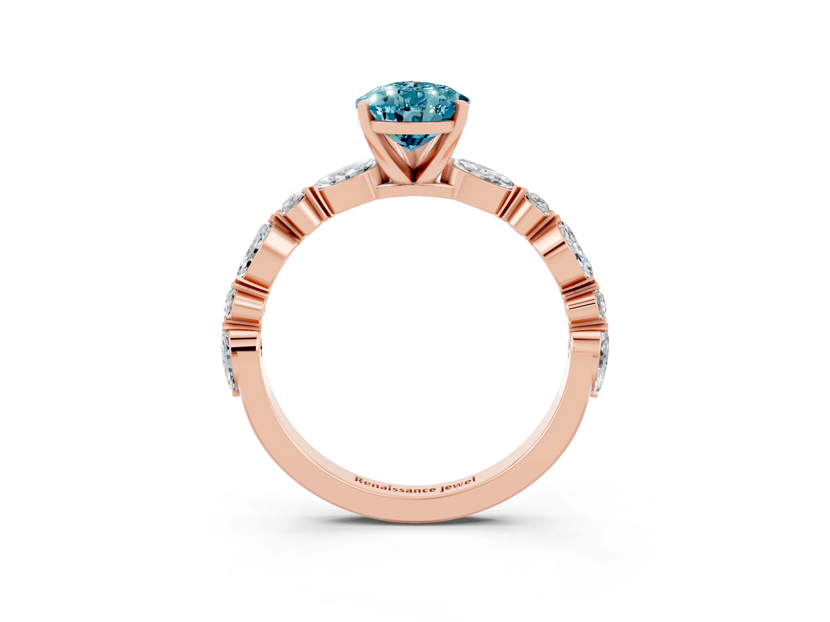 Rose gold Pear Cut Blue Topaz Solitaire with Side Stones on a Pavé Band and Four-Prong Setting_3