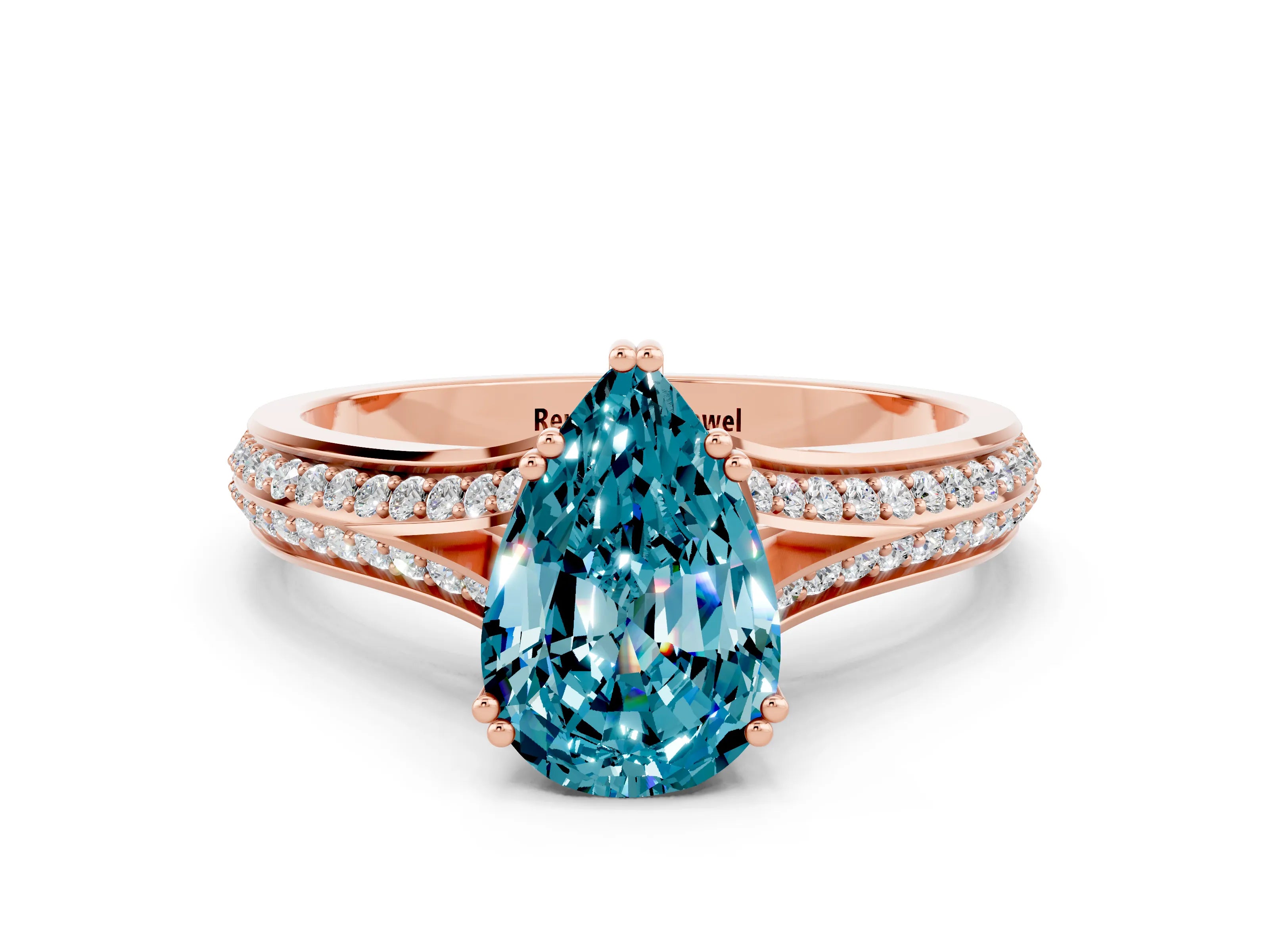 Rose gold Pear Cut Blue Topaz Split Shank Engagement Ring with Pavé Band