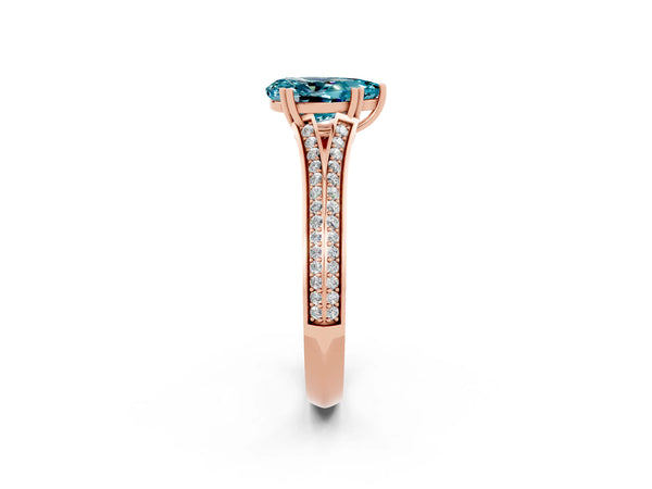 Rose gold Pear Cut Blue Topaz Split Shank Engagement Ring with Pavé Band