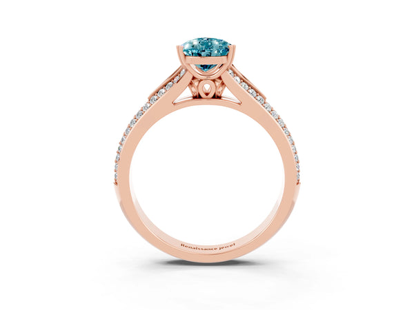 Rose gold Pear Cut Blue Topaz Split Shank Engagement Ring with Pavé Band