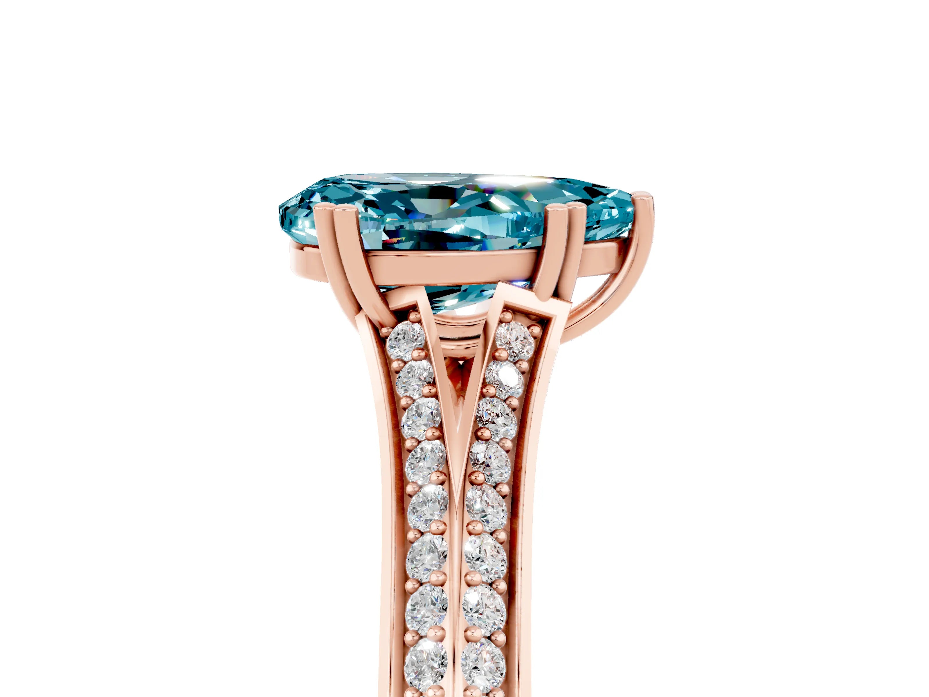 Rose gold Pear Cut Blue Topaz Split Shank Engagement Ring with Pavé Band_5