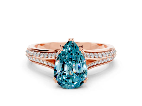 Rose gold Pear Cut Blue Topaz Split Shank Engagement Ring with Pavé Band