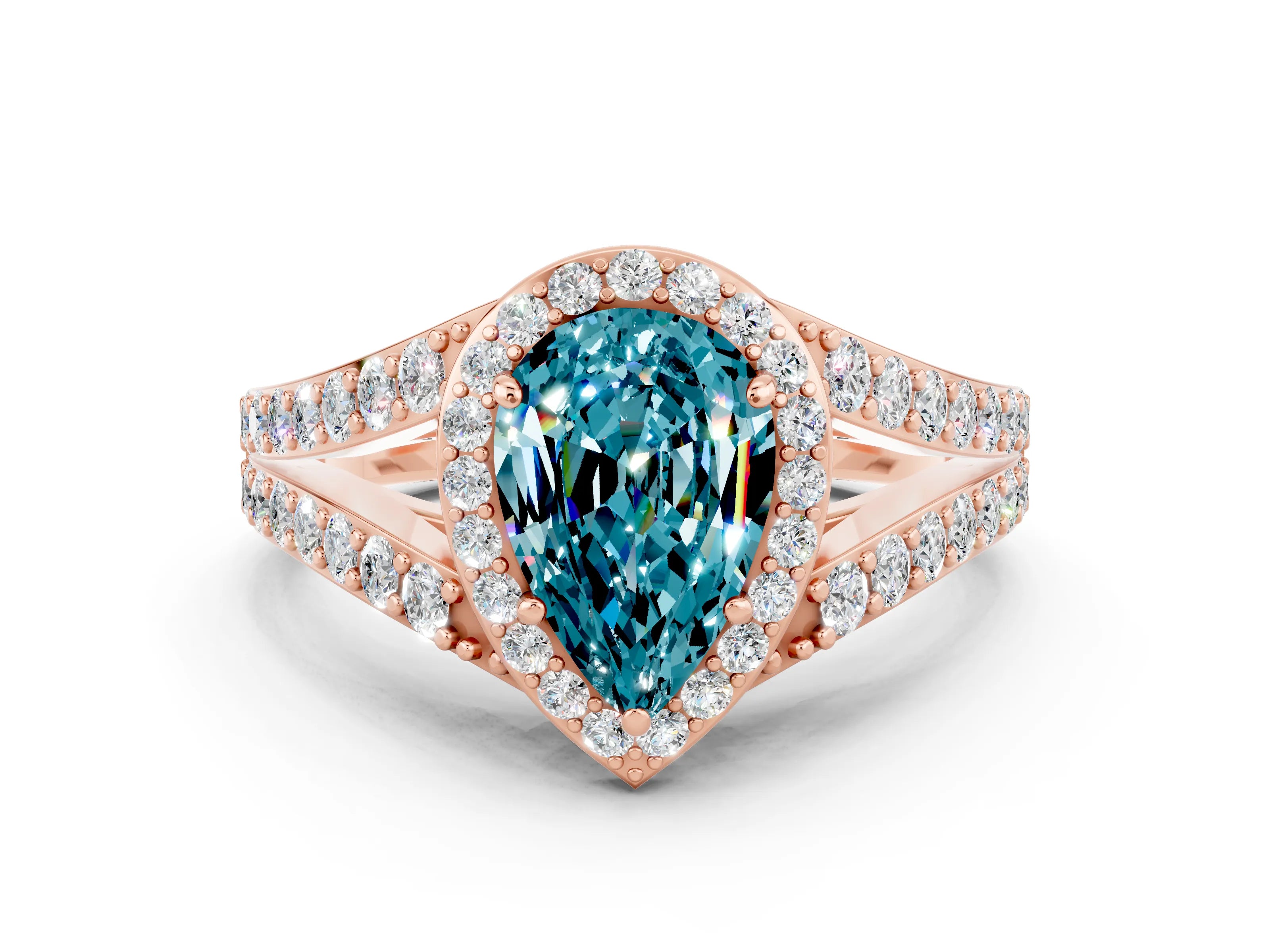Rose gold Pear Cut Blue Topaz Split Shank Halo Ring with Four-Prong Setting_12