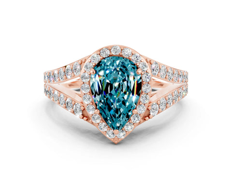 Rose gold Pear Cut Blue Topaz Split Shank Halo Ring with Four-Prong Setting_12