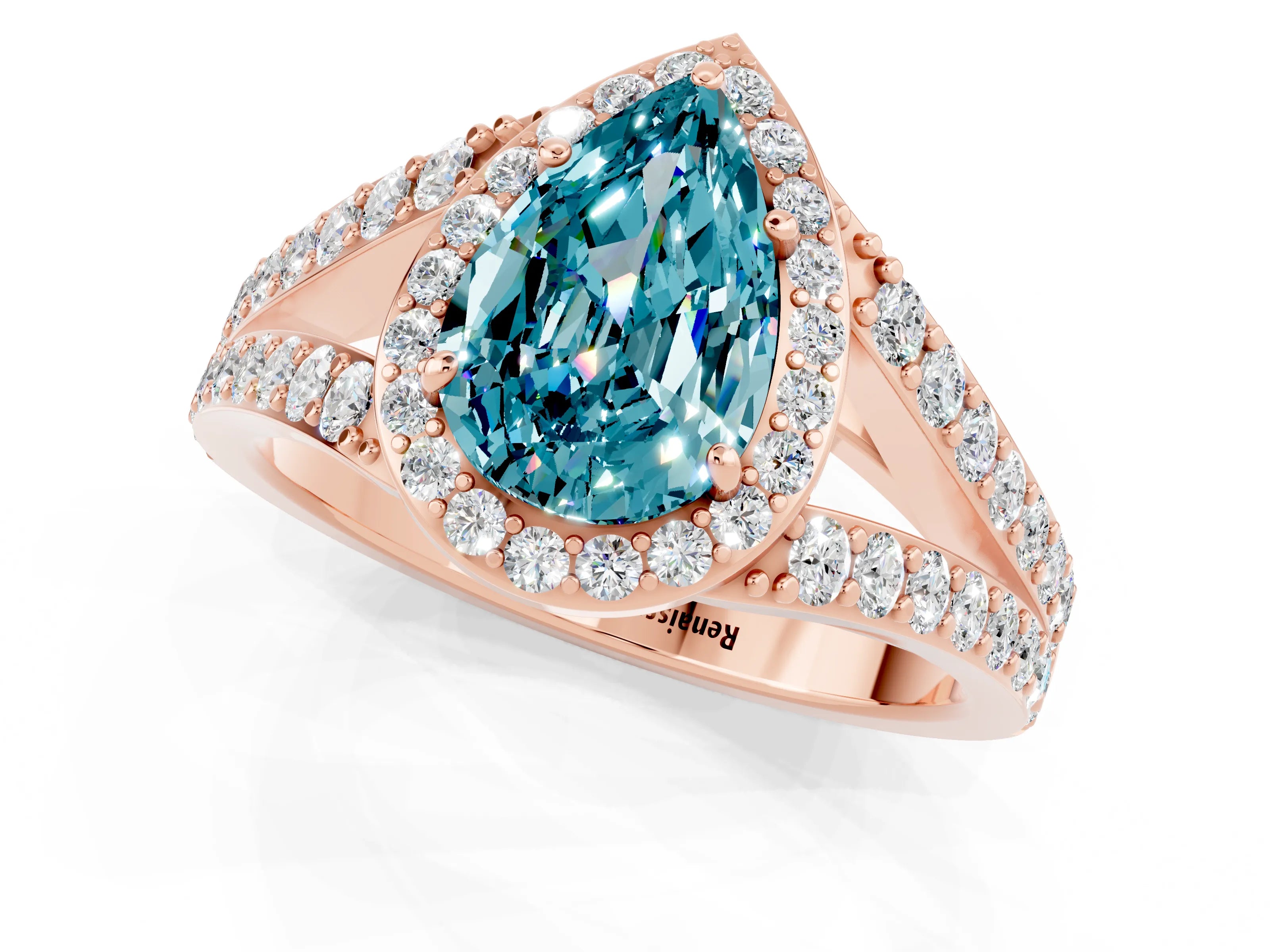 Rose gold Pear Cut Blue Topaz Split Shank Halo Ring with Four-Prong Setting_13