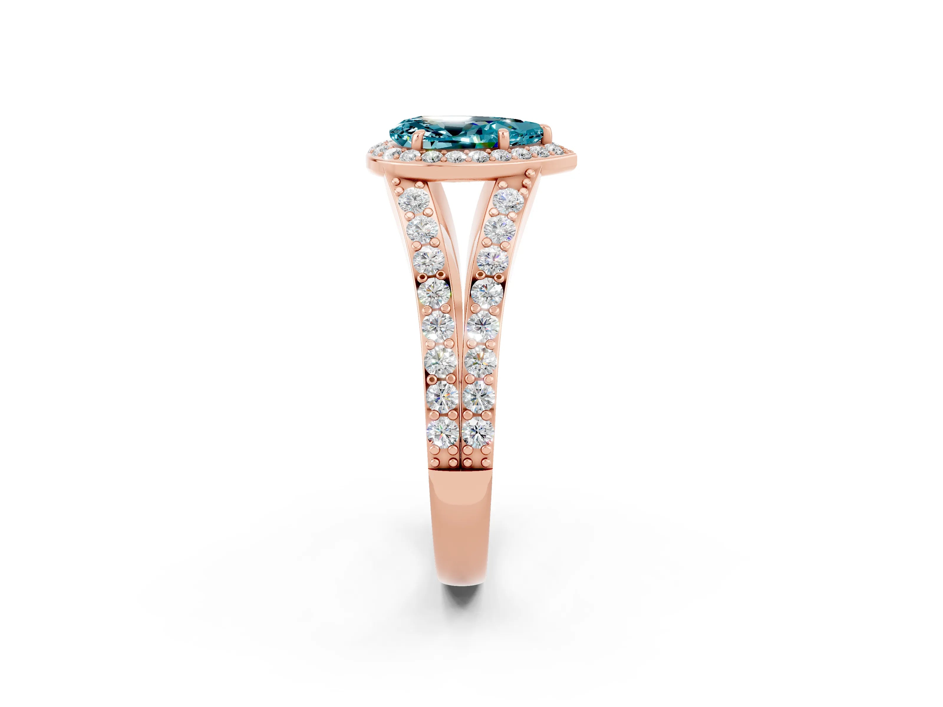 Rose gold Pear Cut Blue Topaz Split Shank Halo Ring with Four-Prong Setting_14