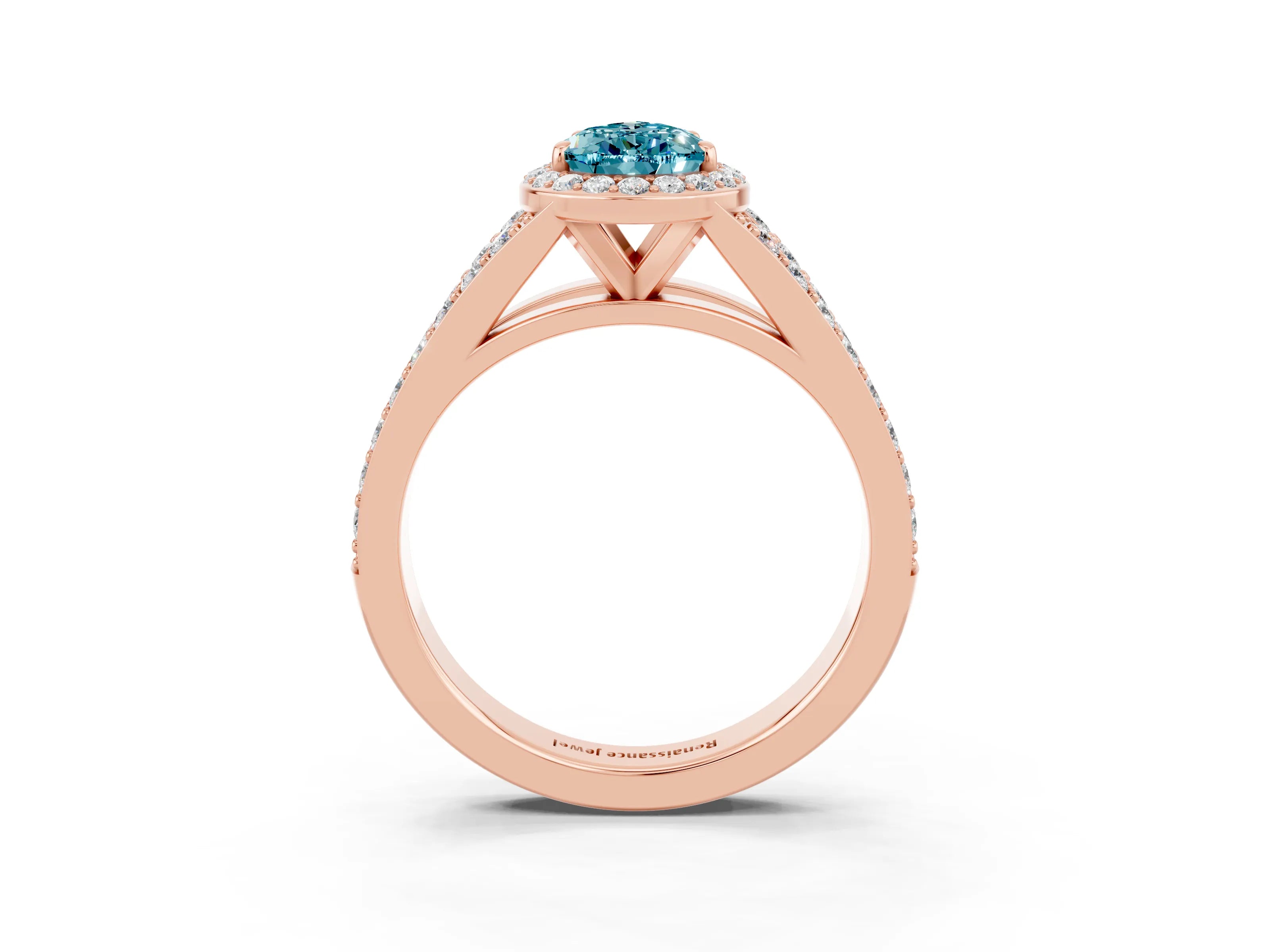 Rose gold Pear Cut Blue Topaz Split Shank Halo Ring with Four-Prong Setting_15