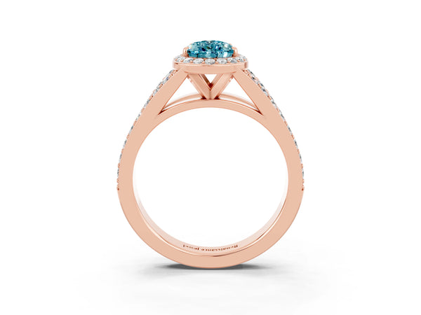 Rose gold Pear Cut Blue Topaz Split Shank Halo Ring with Four-Prong Setting