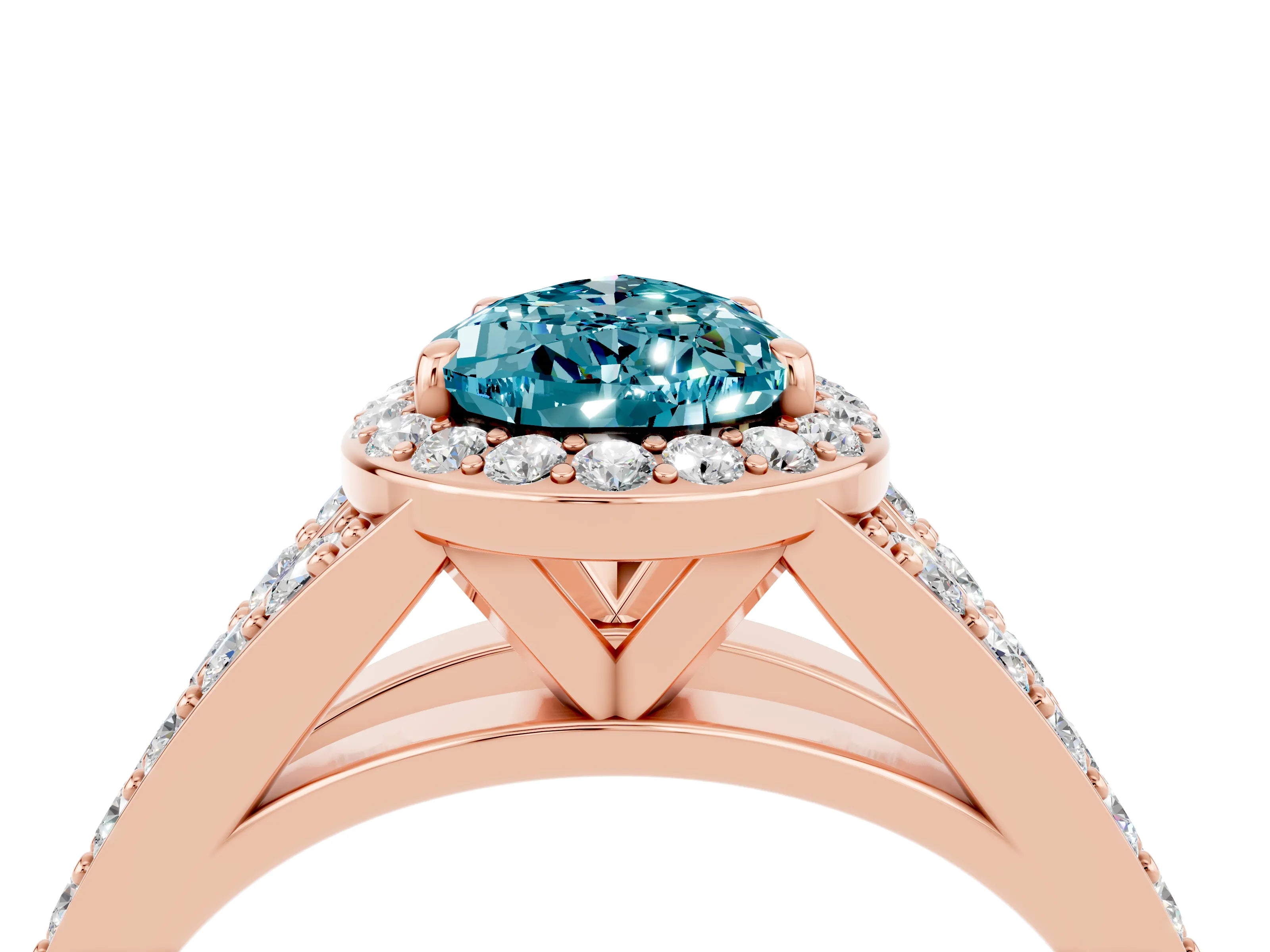Rose gold Pear Cut Blue Topaz Split Shank Halo Ring with Four-Prong Setting_16