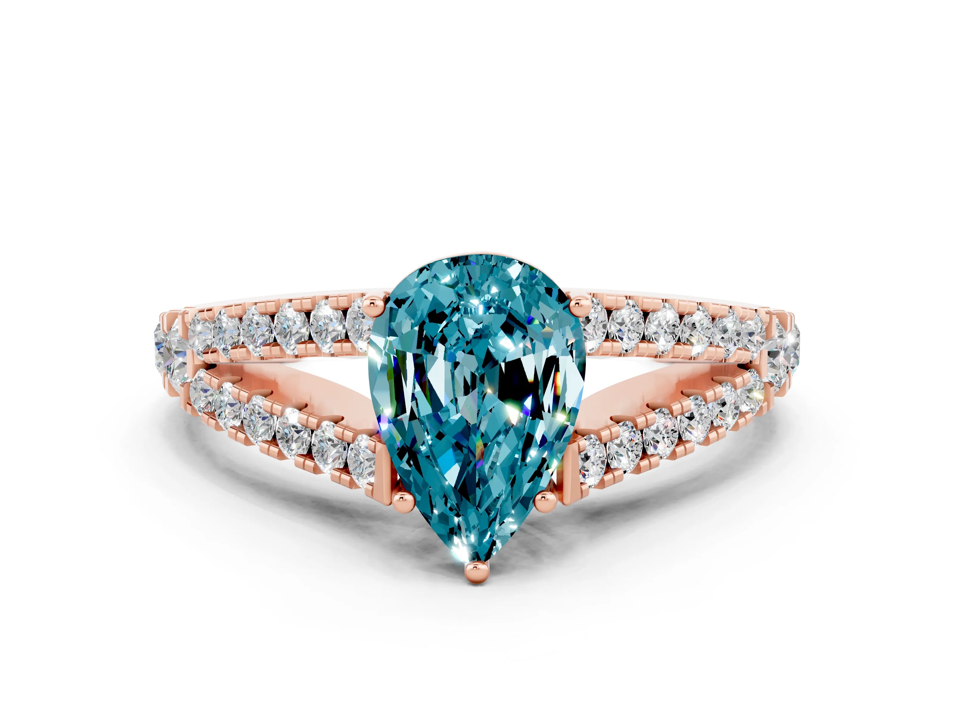Rose gold Pear Cut Blue Topaz Split Shank Pavé Engagement Ring with Four-Prong Setting_12