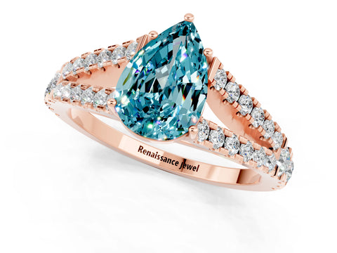 Rose gold Pear Cut Blue Topaz Split Shank Pavé Engagement Ring with Four-Prong Setting_13