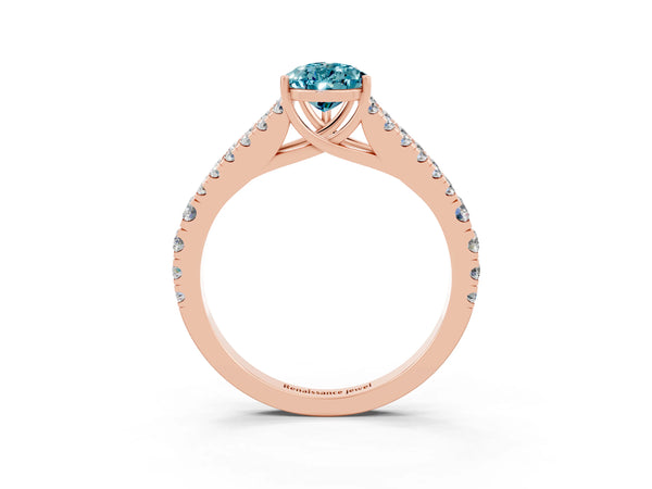 Rose gold Pear Cut Blue Topaz Split Shank Pavé Engagement Ring with Four-Prong Setting