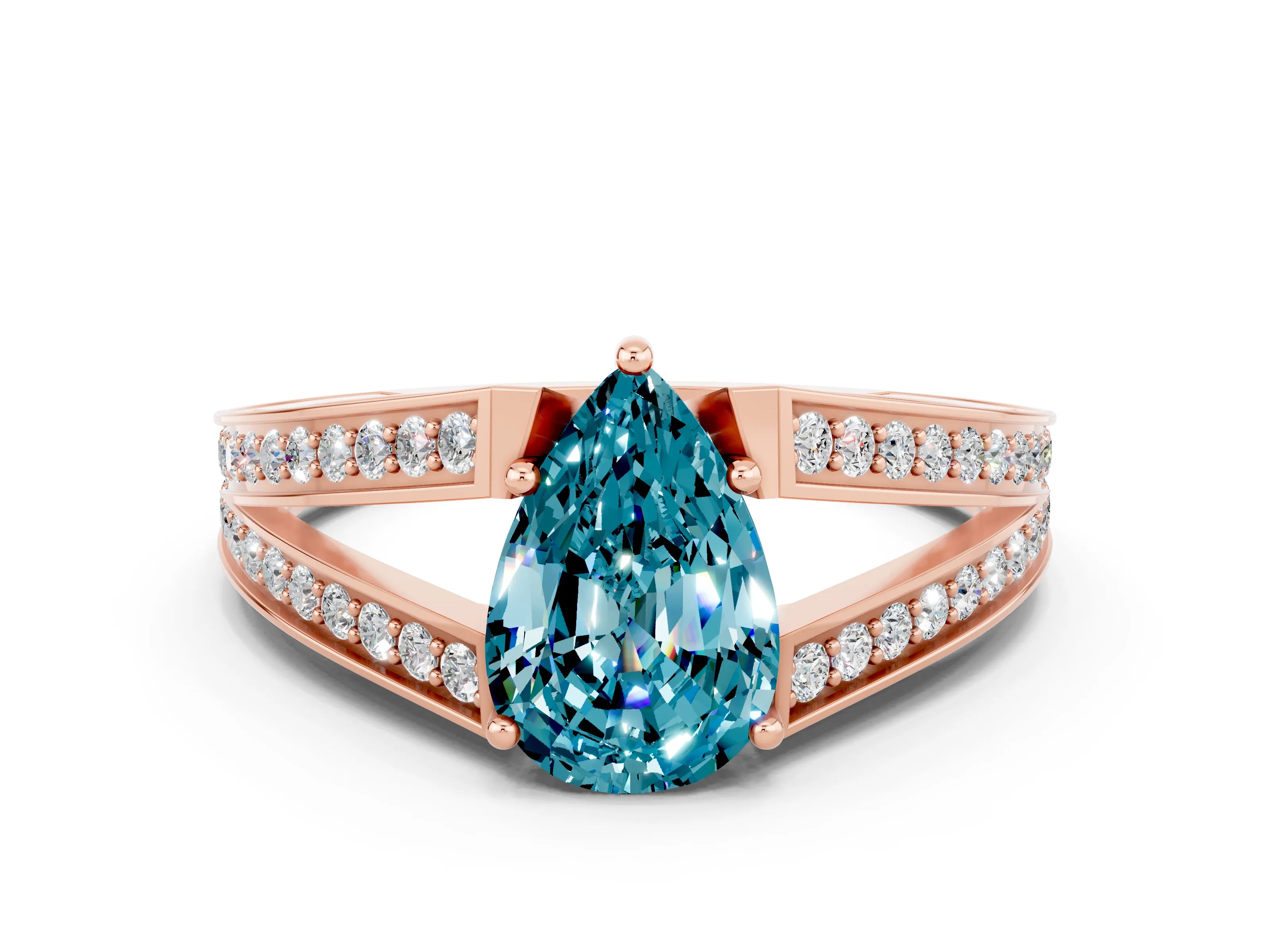 Rose gold Pear Cut Blue Topaz Split Shank Ring with Pavé Band and Four-Prong Setting