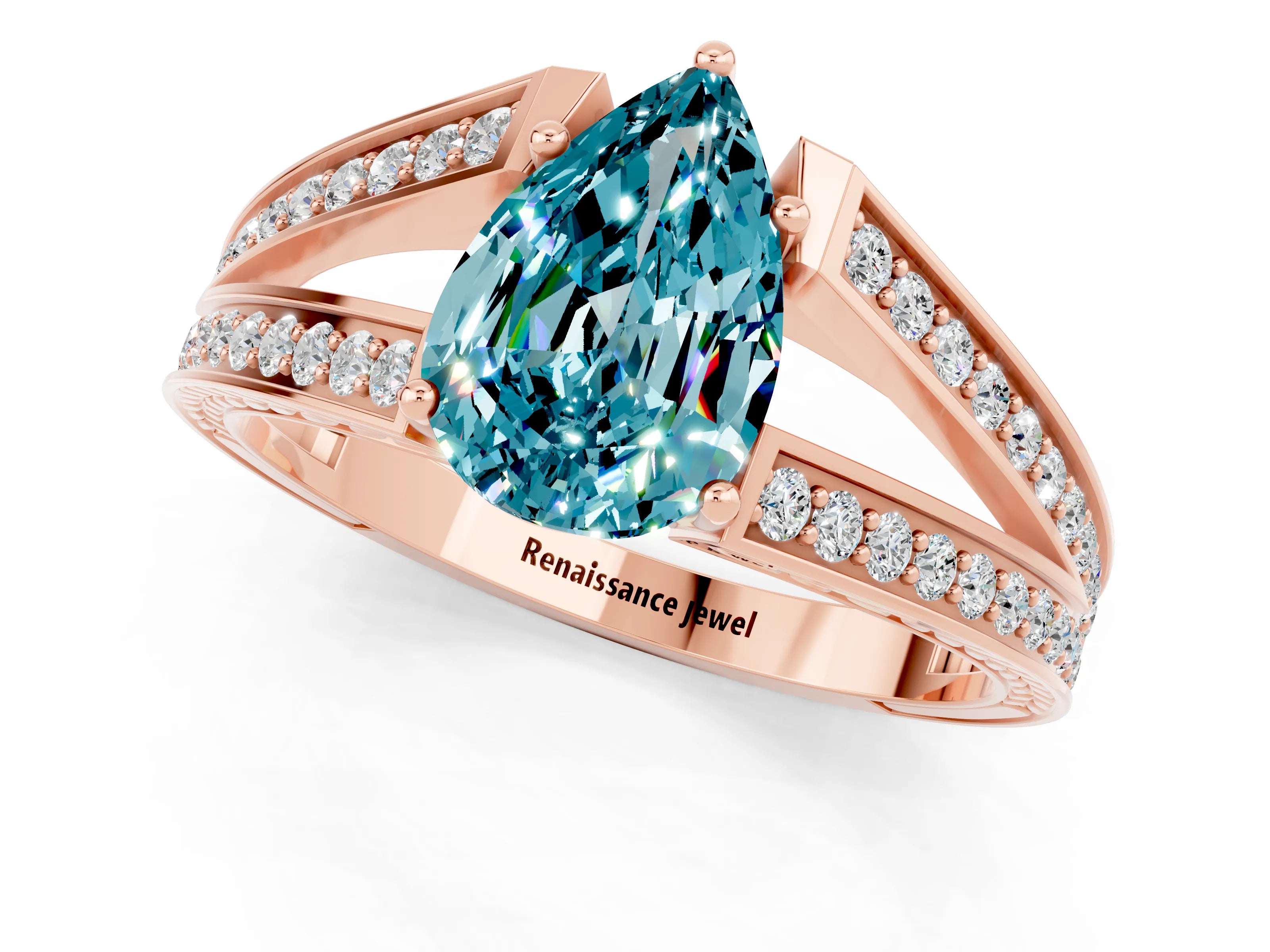 Rose gold Pear Cut Blue Topaz Split Shank Ring with Pavé Band and Four-Prong Setting_1