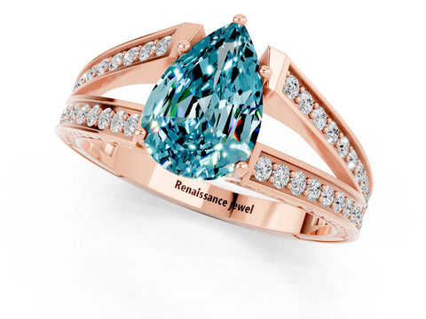Rose gold Pear Cut Blue Topaz Split Shank Ring with Pavé Band and Four-Prong Setting_1