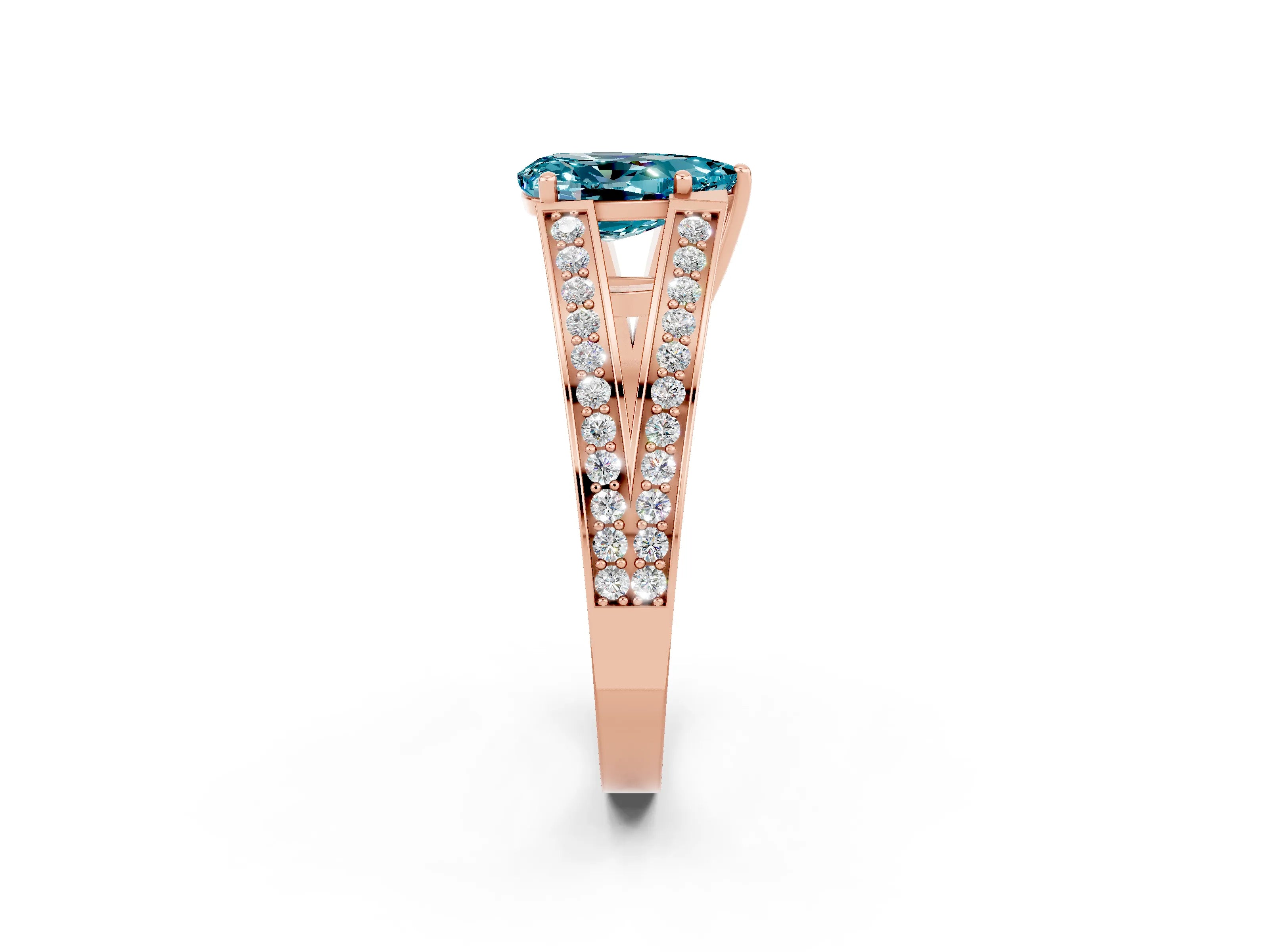 Rose gold Pear Cut Blue Topaz Split Shank Ring with Pavé Band and Four-Prong Setting_2