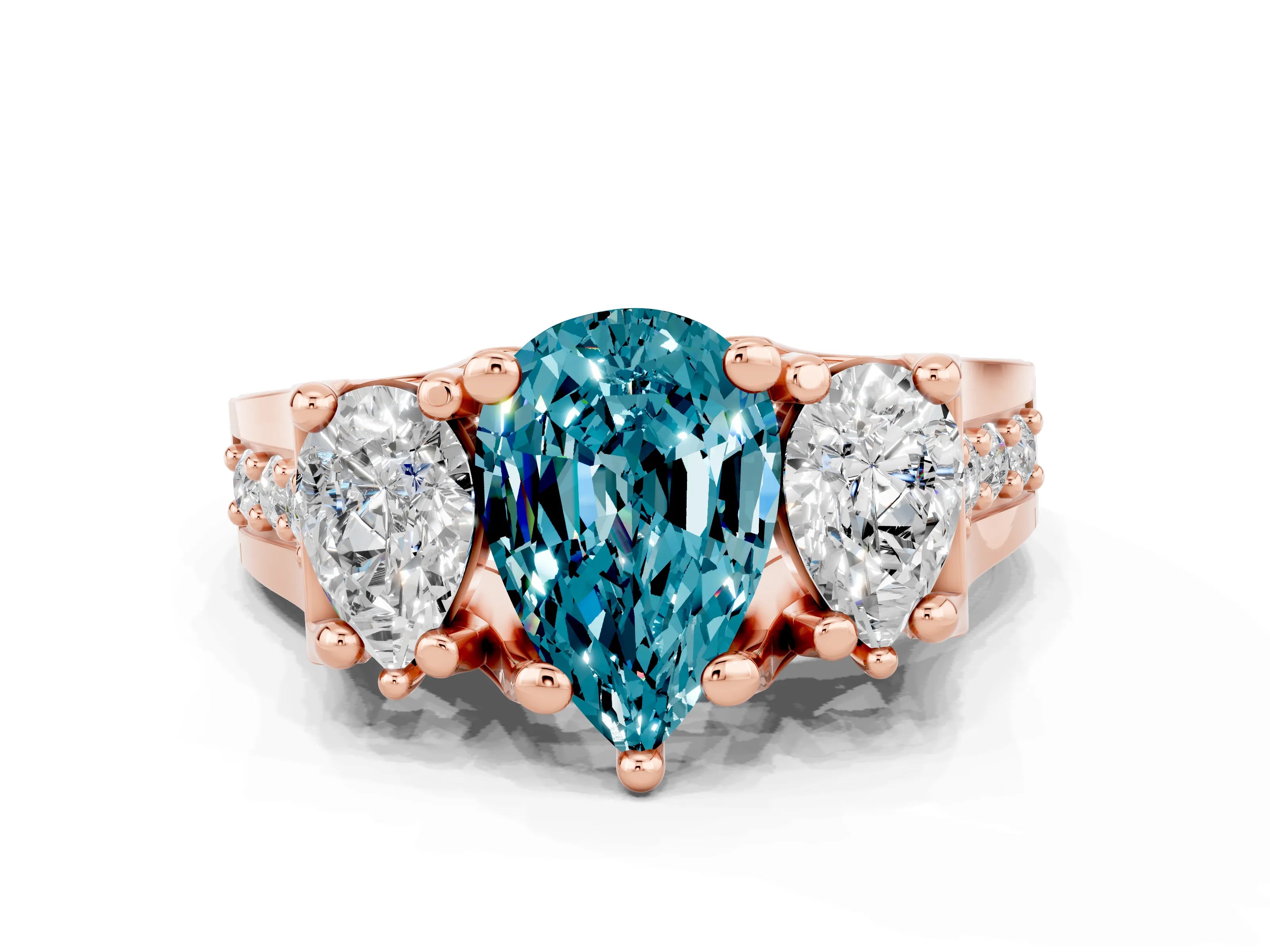 Rose gold Pear Cut Blue Topaz Three-Stone Ring with Channel Set Band and Four-Prong Setting