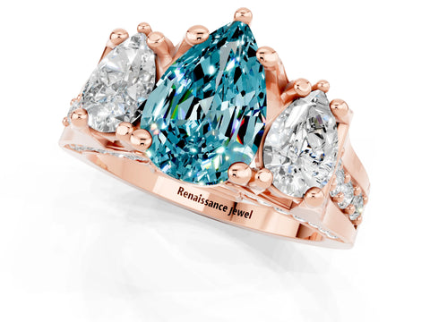 Rose gold Pear Cut Blue Topaz Three-Stone Ring with Channel Set Band and Four-Prong Setting_1