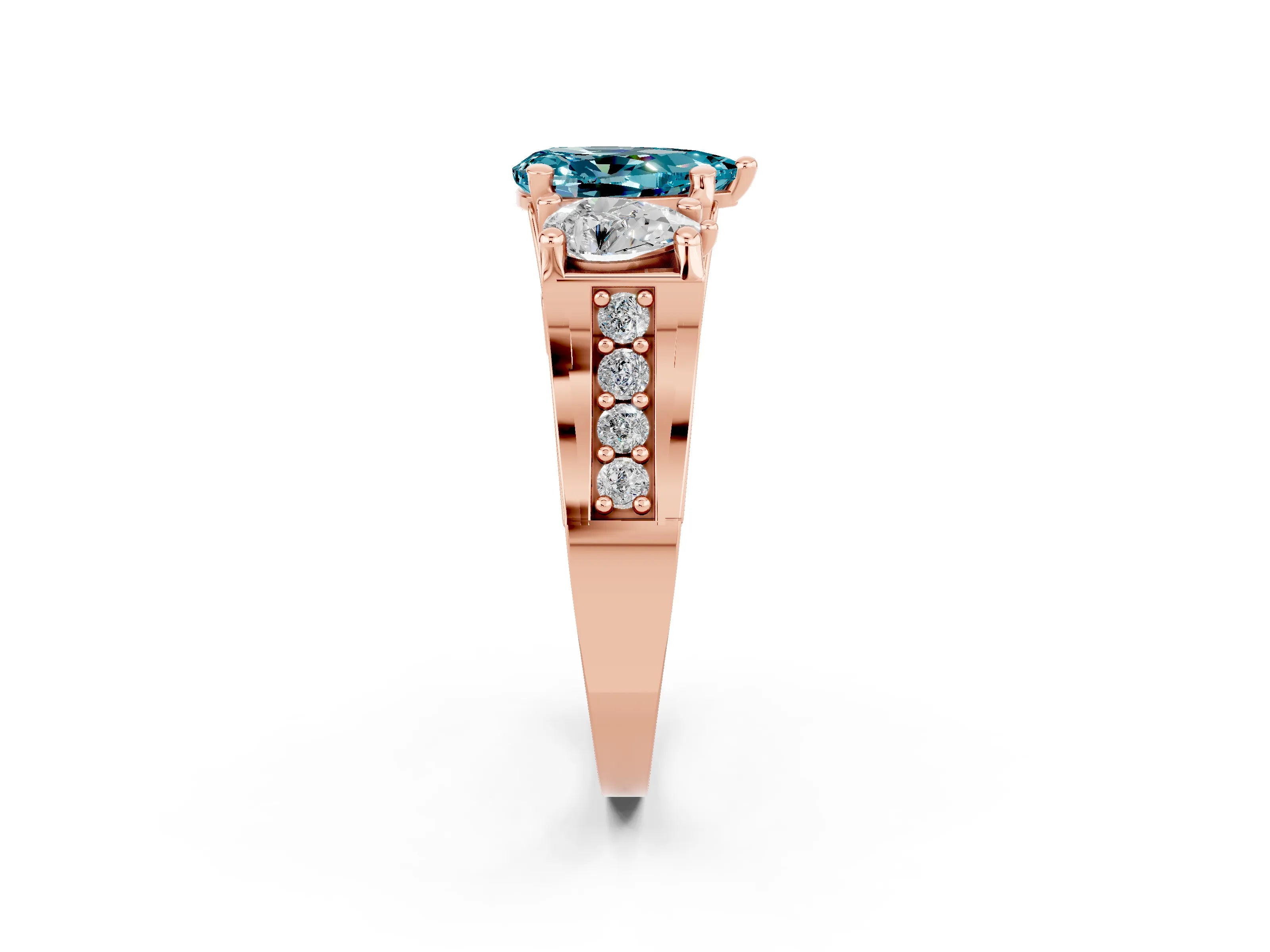 Rose gold Pear Cut Blue Topaz Three-Stone Ring with Channel Set Band and Four-Prong Setting_2