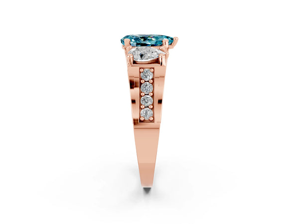 Rose gold Pear Cut Blue Topaz Three-Stone Ring with Channel Set Band and Four-Prong Setting