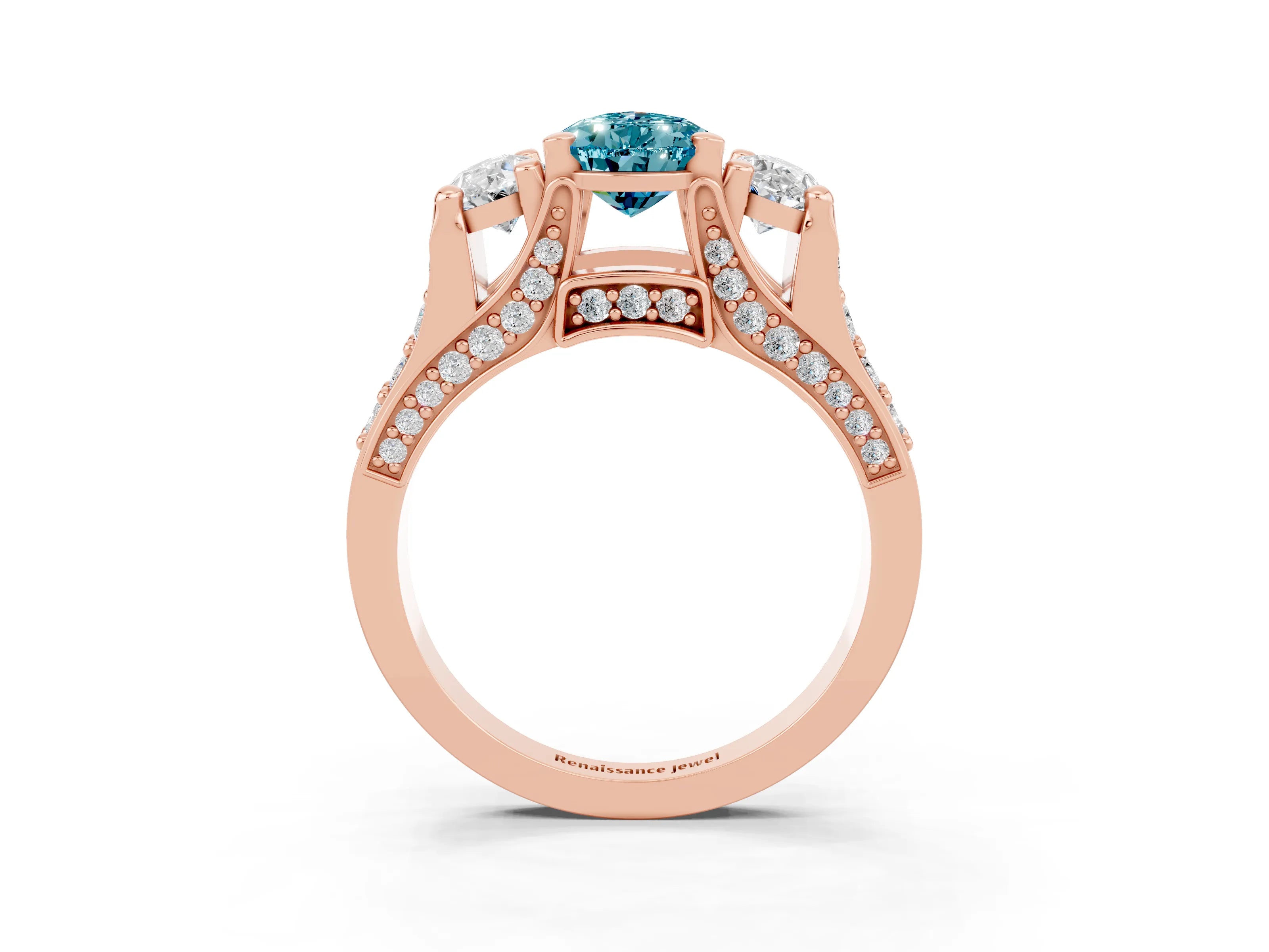 Rose gold Pear Cut Blue Topaz Three-Stone Ring with Channel Set Band and Four-Prong Setting_3