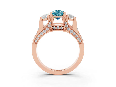 Rose gold Pear Cut Blue Topaz Three-Stone Ring with Channel Set Band and Four-Prong Setting_3