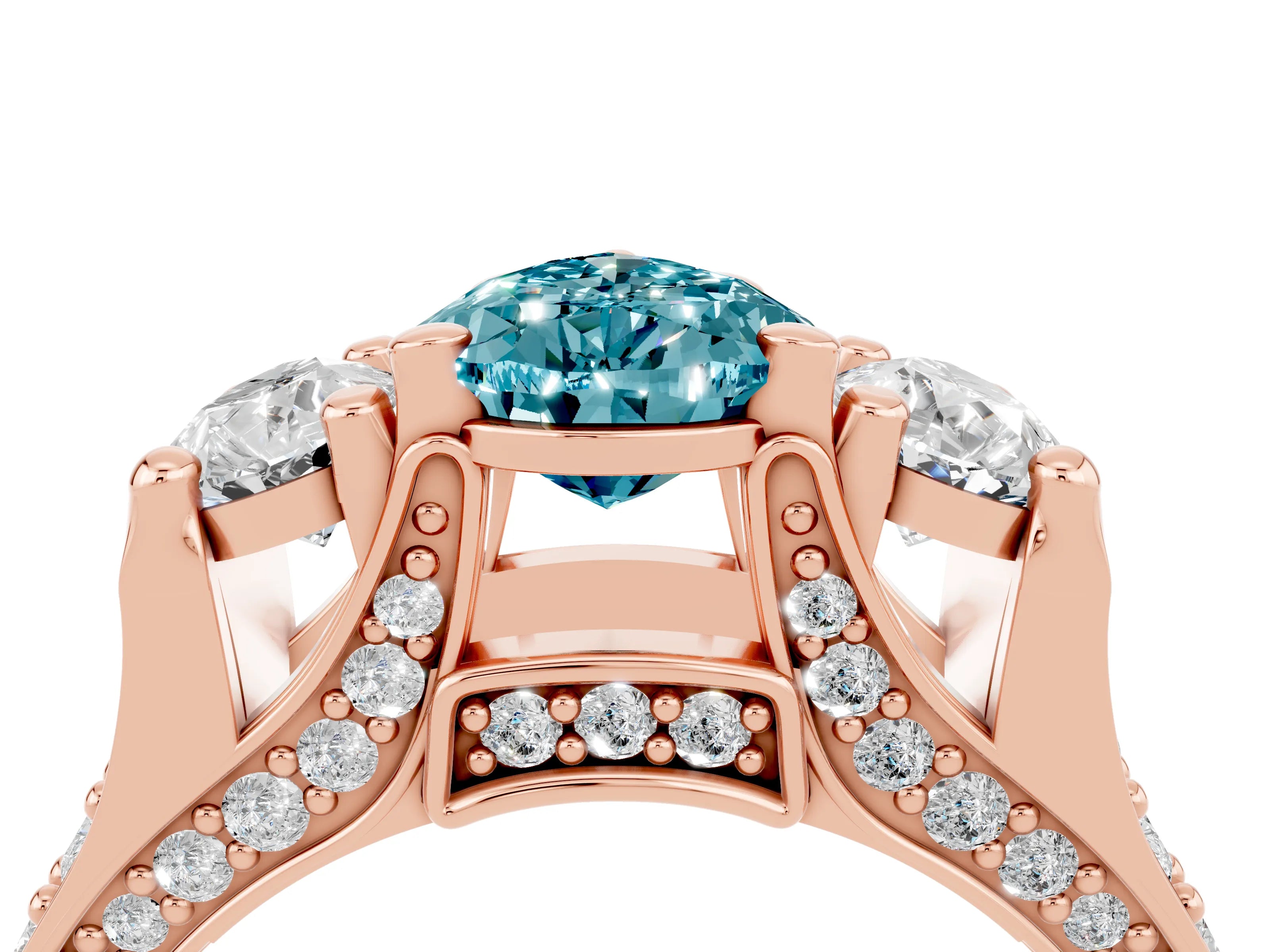 Rose gold Pear Cut Blue Topaz Three-Stone Ring with Channel Set Band and Four-Prong Setting_4