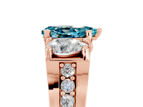 Rose gold Pear Cut Blue Topaz Three-Stone Ring with Channel Set Band and Four-Prong Setting_5