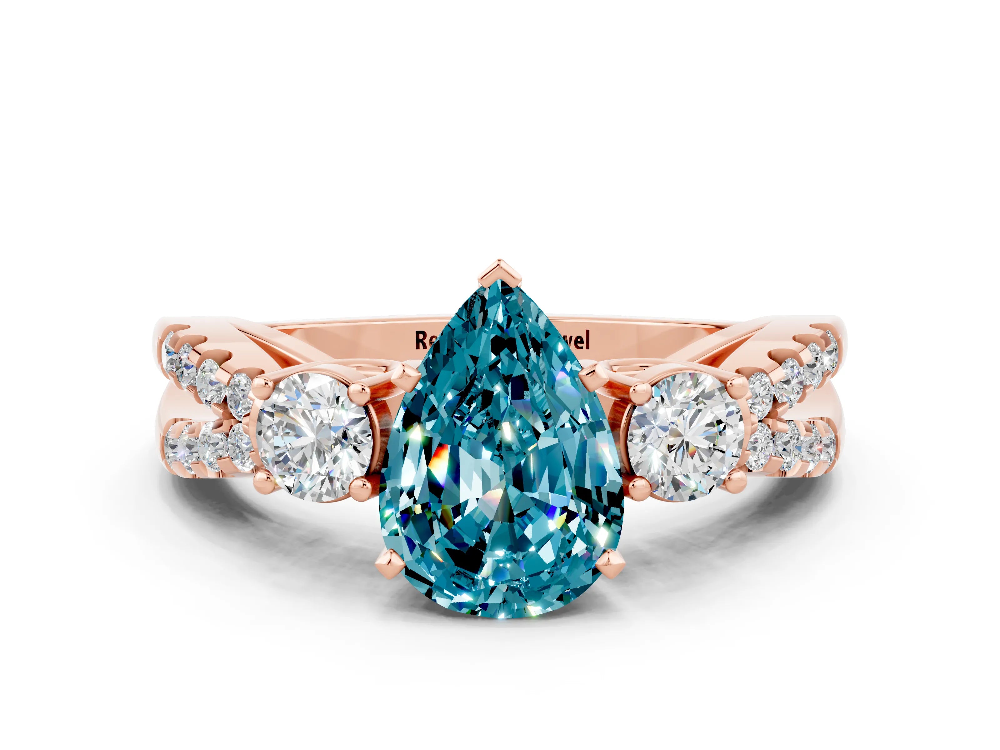 Rose gold Pear Cut Blue Topaz Three-Stone Ring with Pavé Split Shank and Four-Prong Setting_12