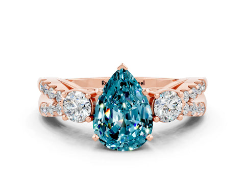 Rose gold Pear Cut Blue Topaz Three-Stone Ring with Pavé Split Shank and Four-Prong Setting_12