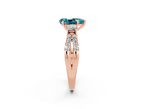 Rose gold Pear Cut Blue Topaz Three-Stone Ring with Pavé Split Shank and Four-Prong Setting_14