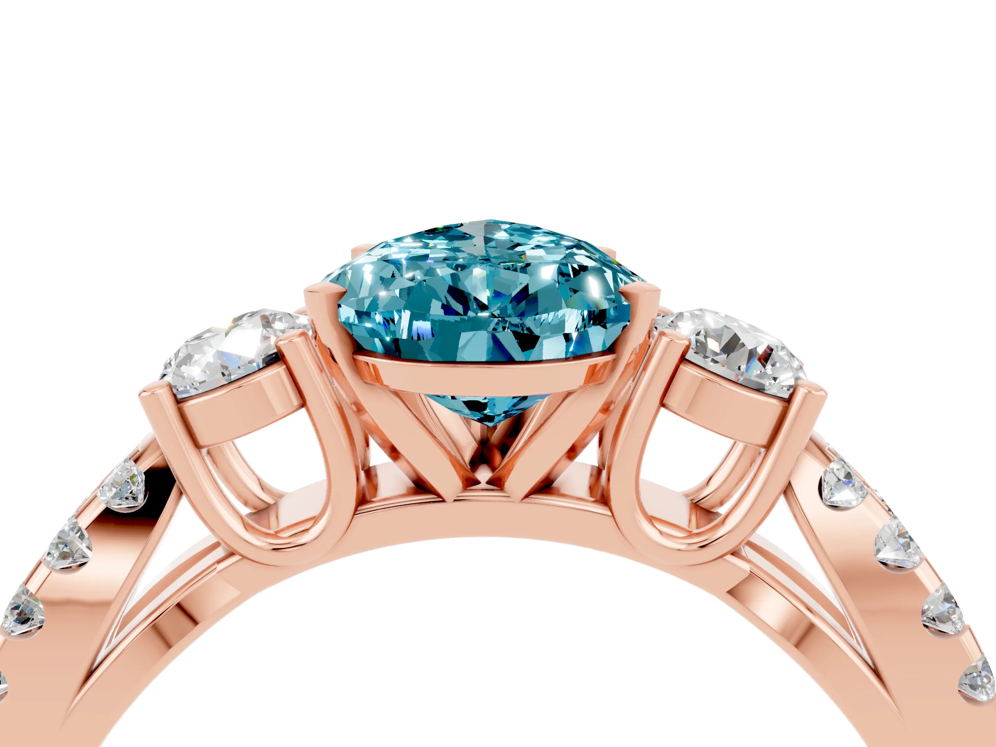 Rose gold Pear Cut Blue Topaz Three-Stone Ring with Pavé Split Shank and Four-Prong Setting_16