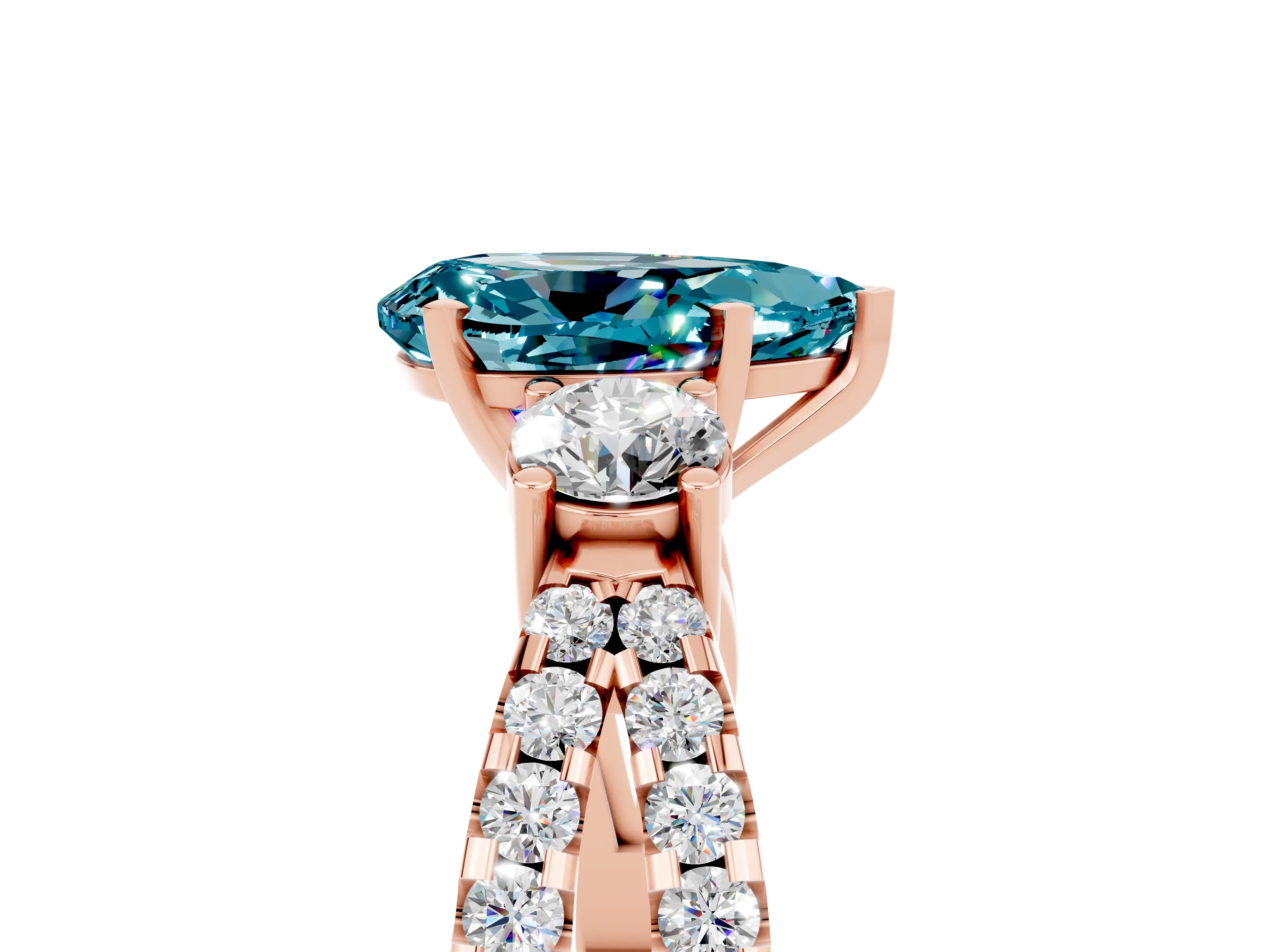 Rose gold Pear Cut Blue Topaz Three-Stone Ring with Pavé Split Shank and Four-Prong Setting_17