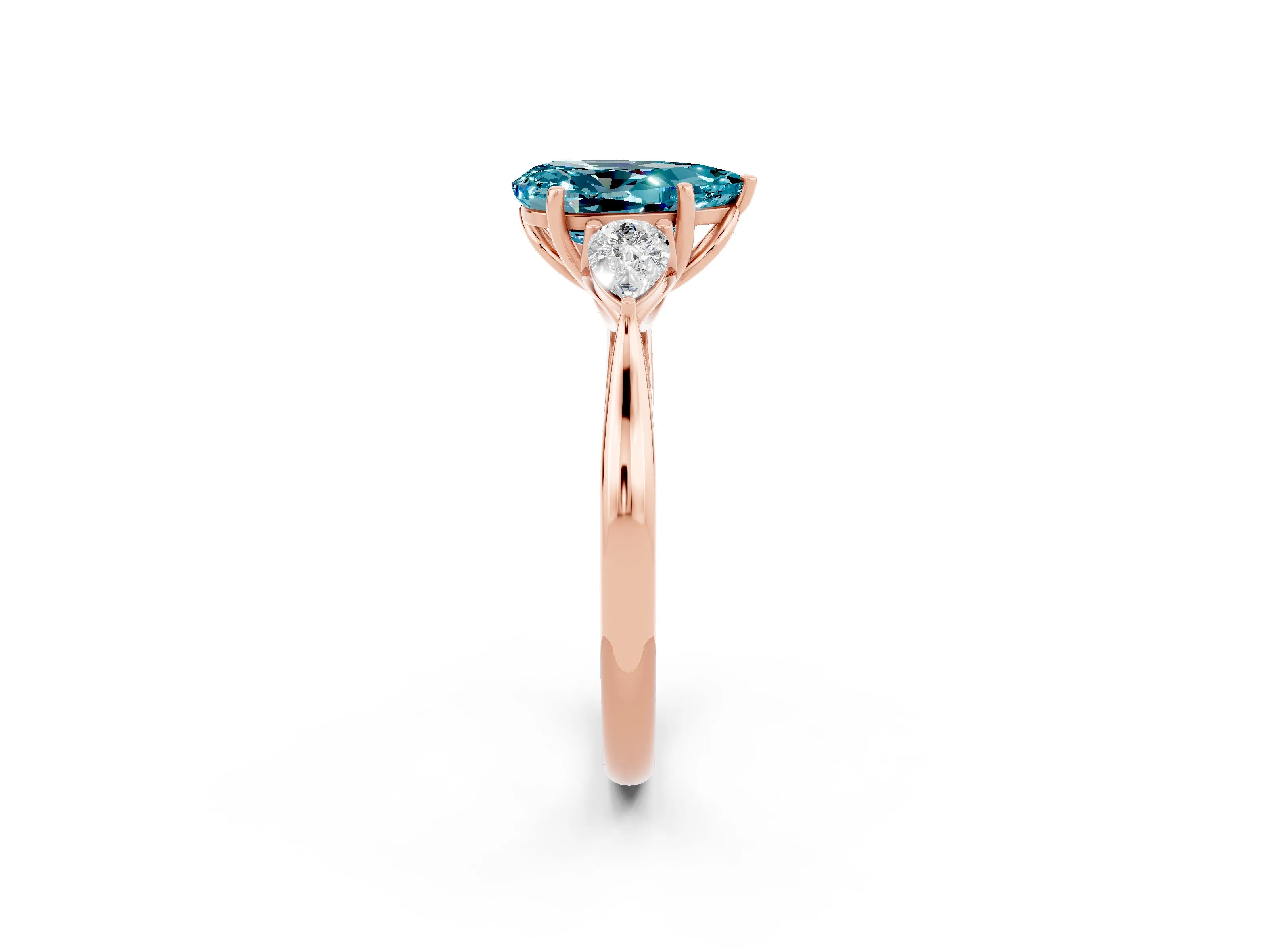 Rose gold Pear Cut Blue Topaz Three-Stone Ring with Pear Side Stones and Four-Prong Setting_14