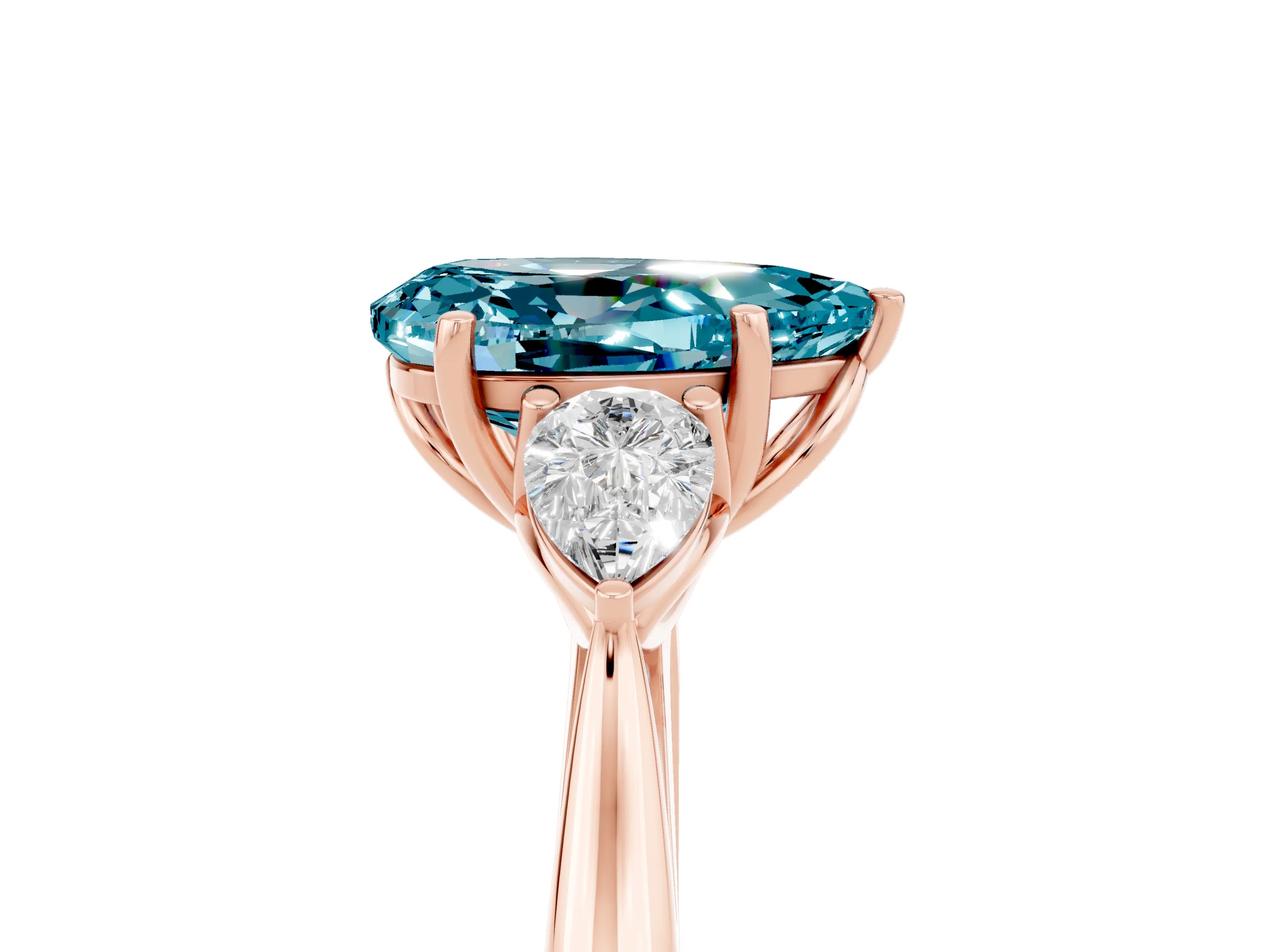 Rose gold Pear Cut Blue Topaz Three-Stone Ring with Pear Side Stones and Four-Prong Setting_17
