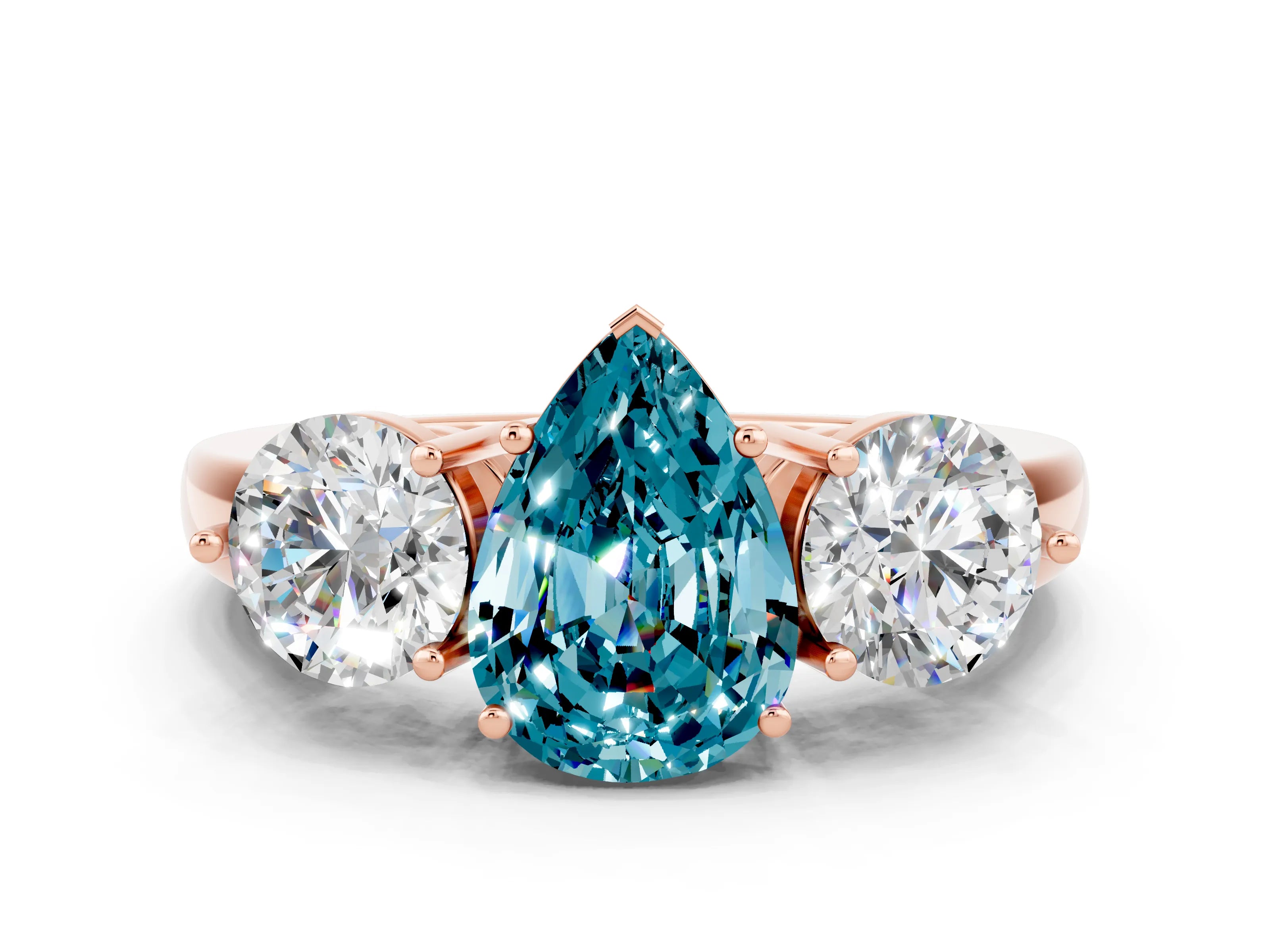 Rose gold Pear Cut Blue Topaz Three-Stone Ring with Prong Setting and Classic Band