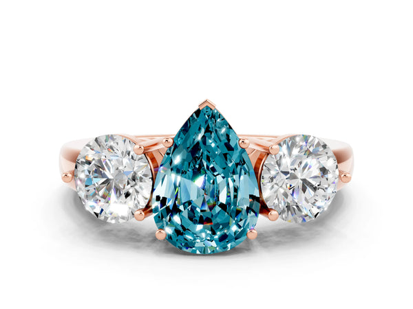Rose gold Pear Cut Blue Topaz Three-Stone Ring with Prong Setting and Classic Band