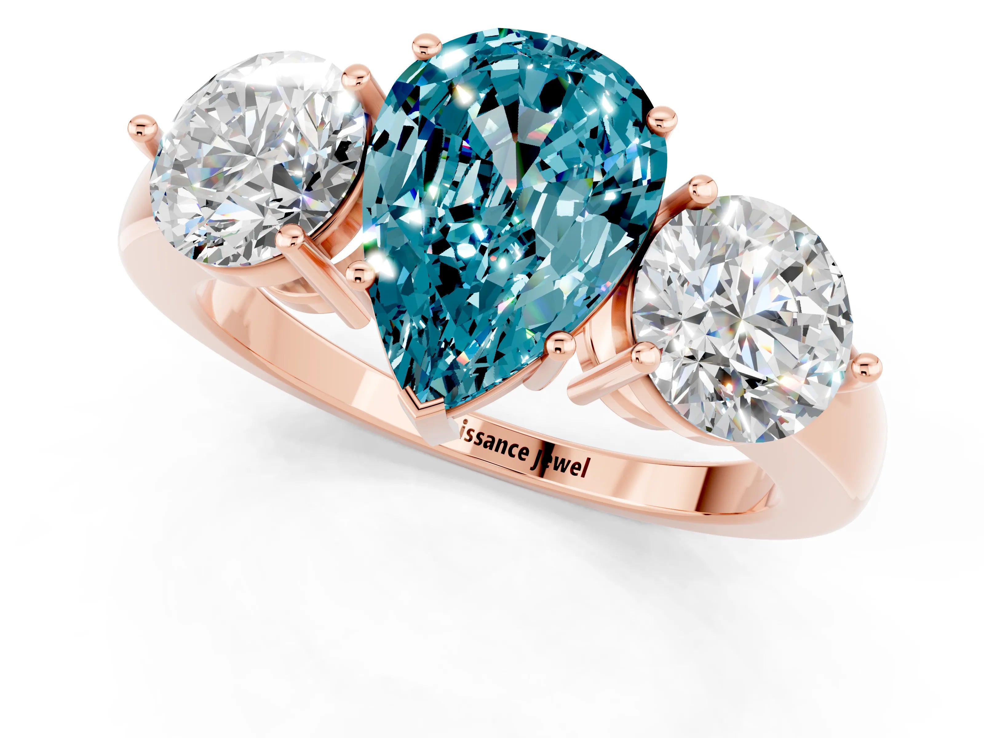 Rose gold Pear Cut Blue Topaz Three-Stone Ring with Prong Setting and Classic Band_1
